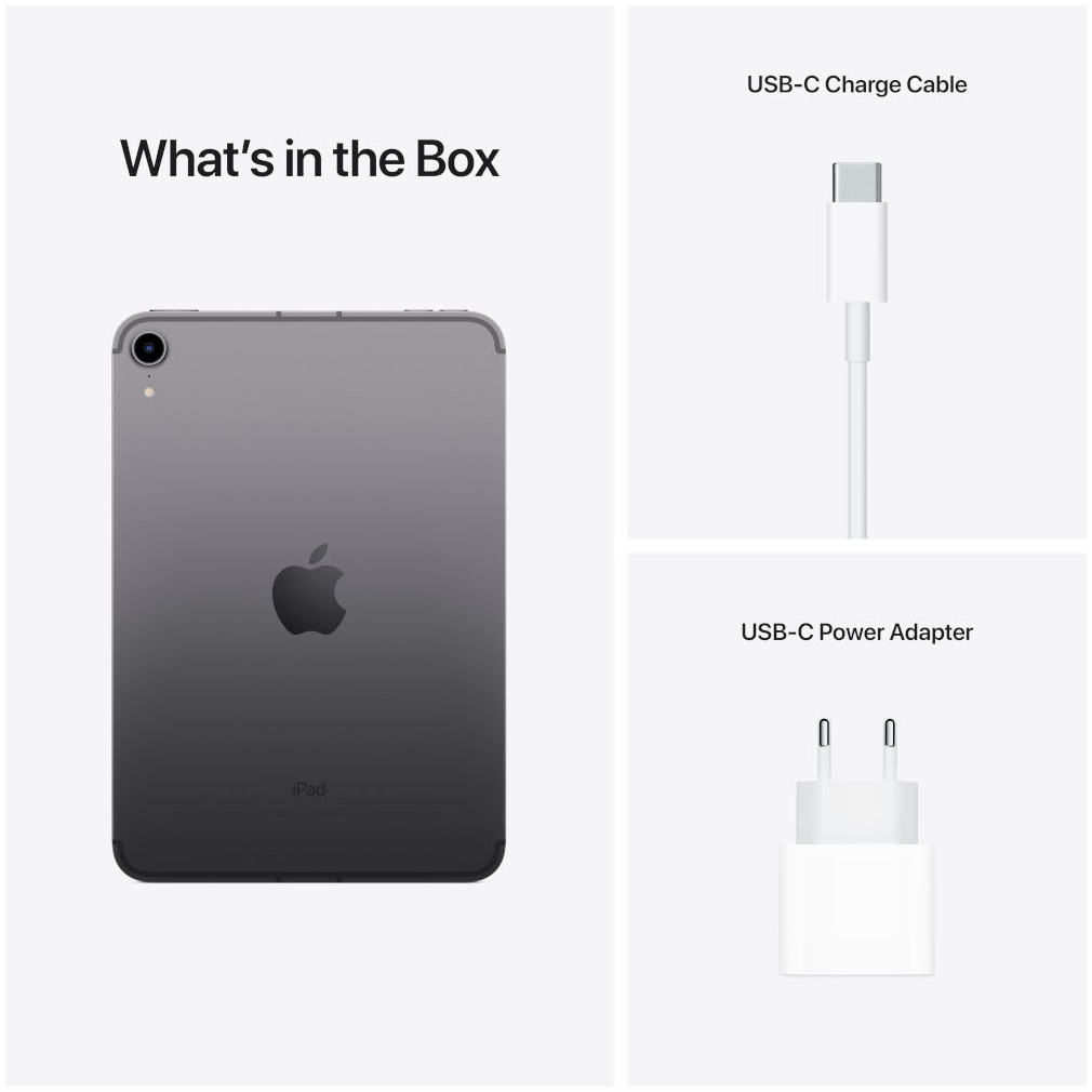 Un iPad gris, un câble de charge et un adaptateur secteur. Les articles sont sur fond blanc.