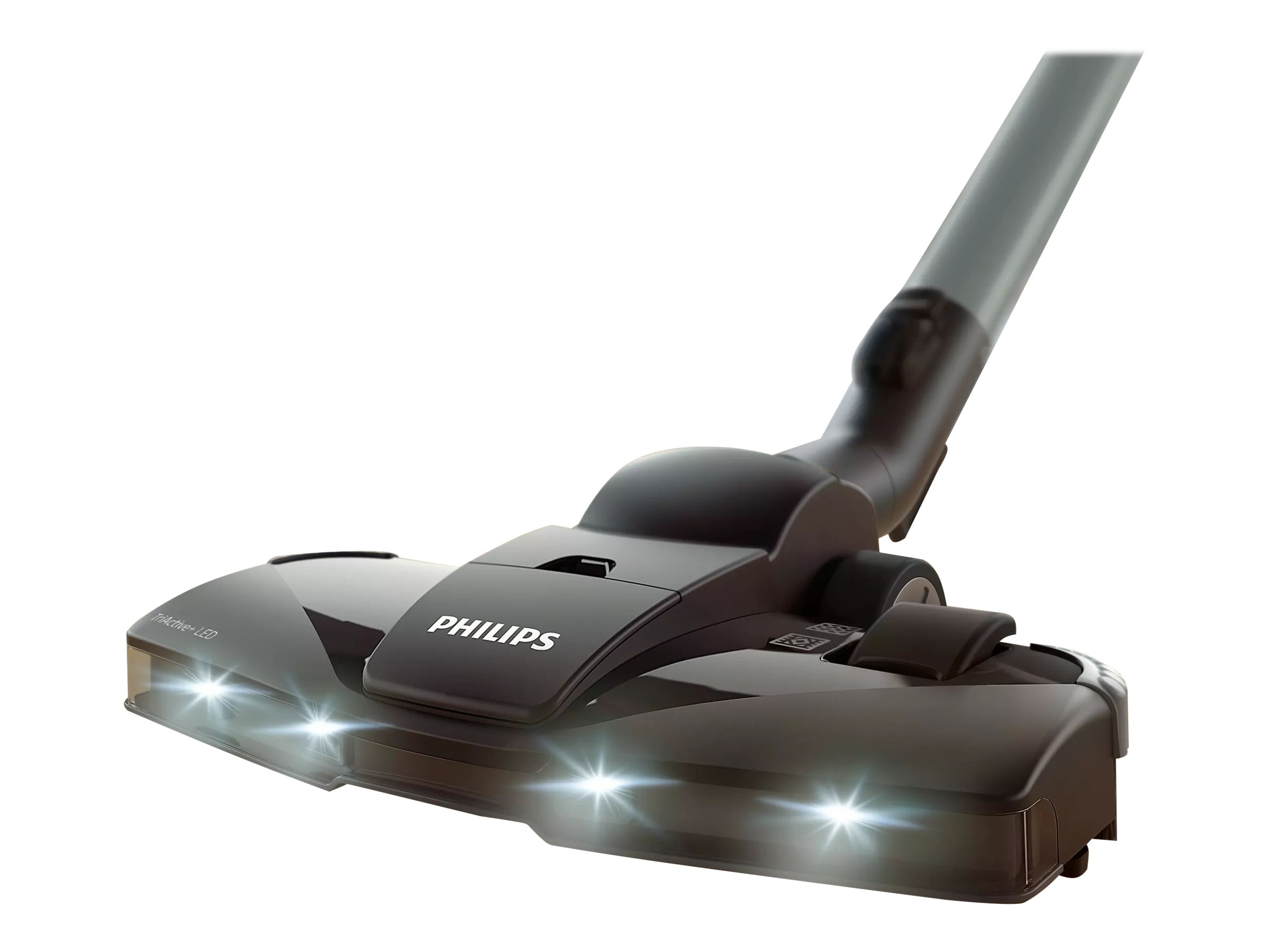 Staubsaugerkopf mit drei Lichtern und dem Philips-Logo. Es ist dunkelgrau gefärbt.