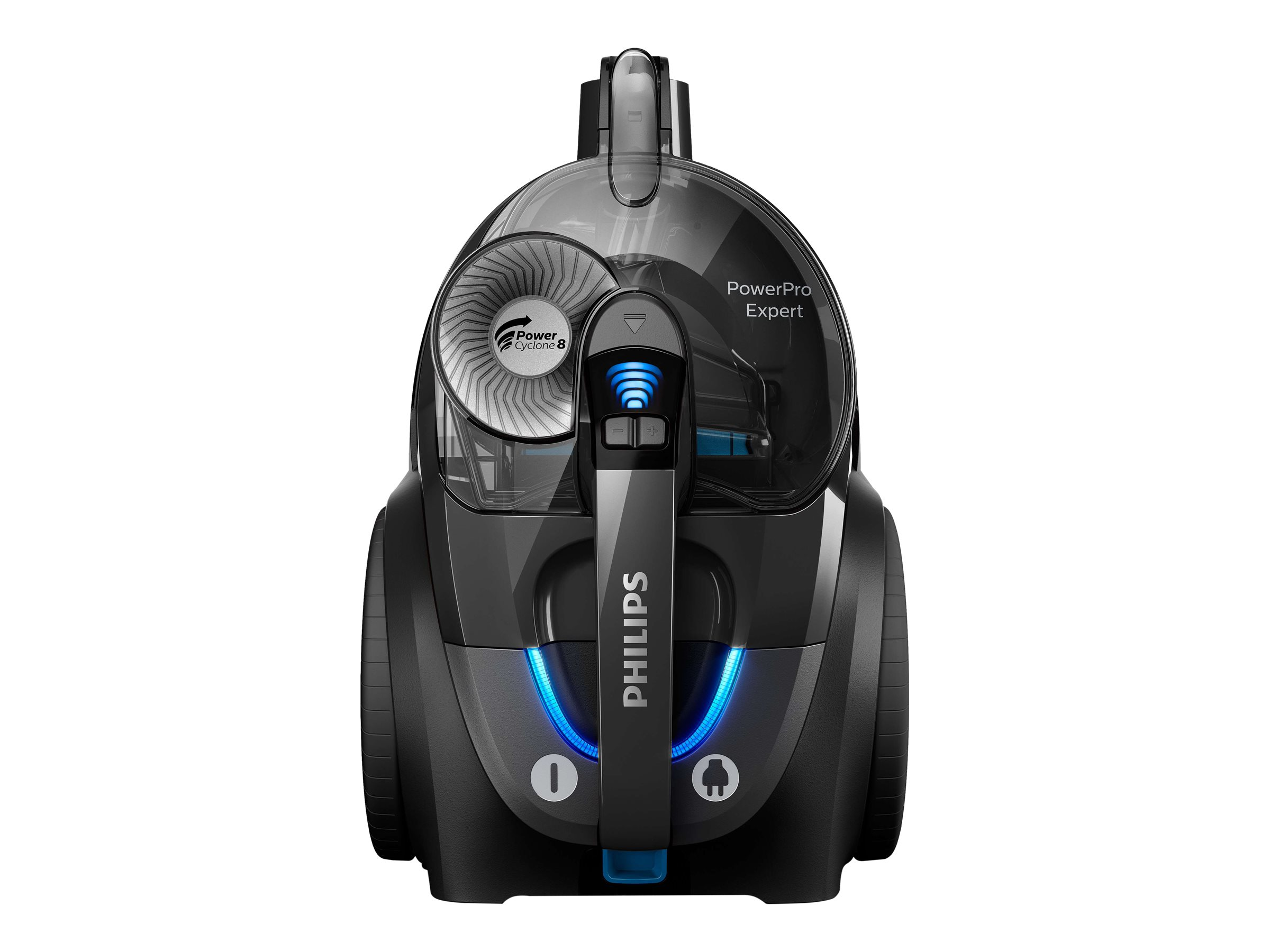 Ein schwarzer Philips PowerPro Expert Staubsauger mit transparentem Staubbehälter.