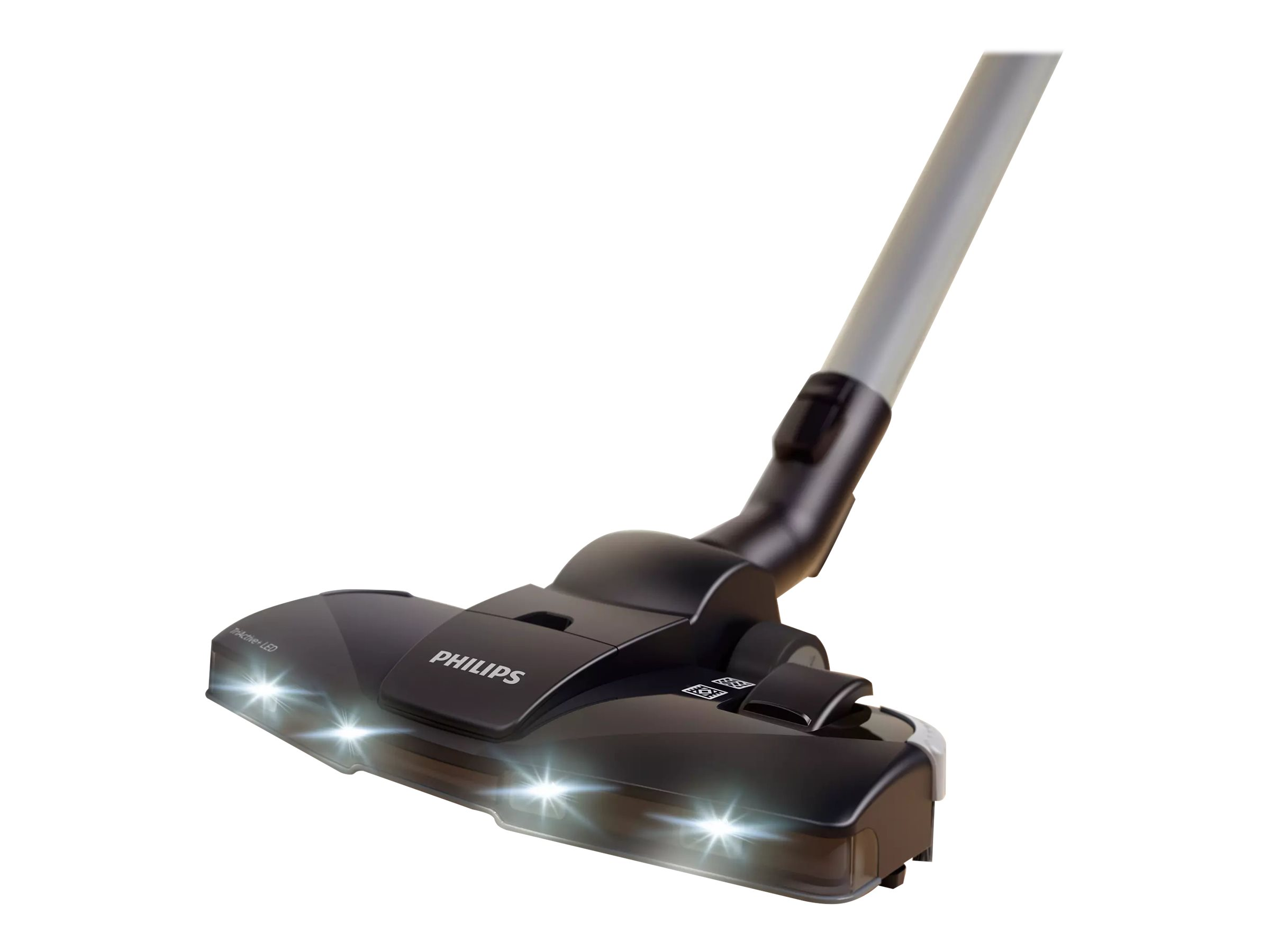 Schwarzer Philips Staubsaugerkopf. LED-Leuchten sichtbar. Silberner Griff erstreckt sich nach oben.