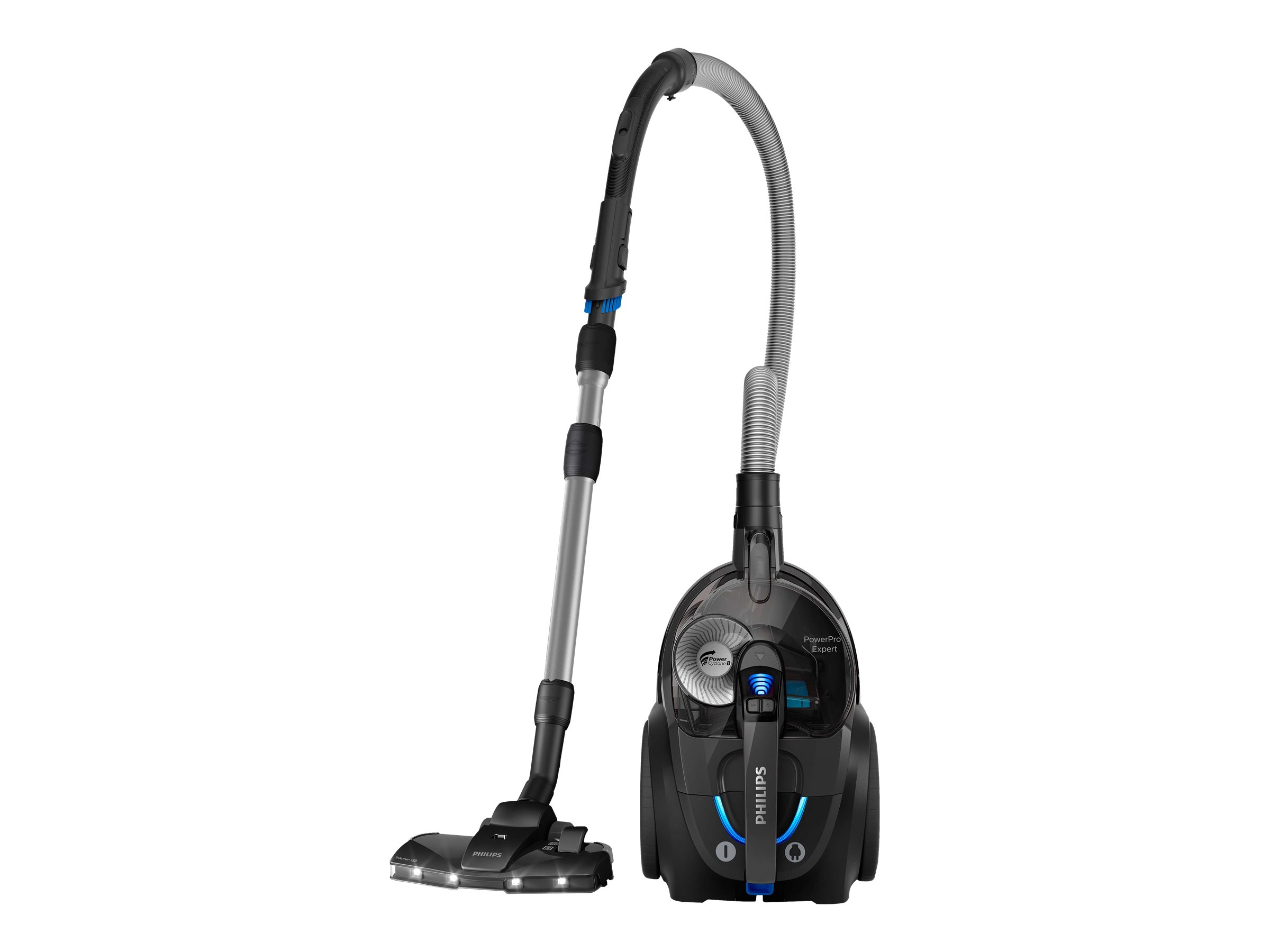 Schwarzer Philips Staubsauger mit silbernem Schlauch und schwarzem Bürstenkopf. Weißer Hintergrund.