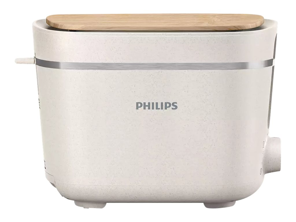 Weißer und beiger Philips Toaster mit Holzdeckel. Es ist ein kompaktes Design.