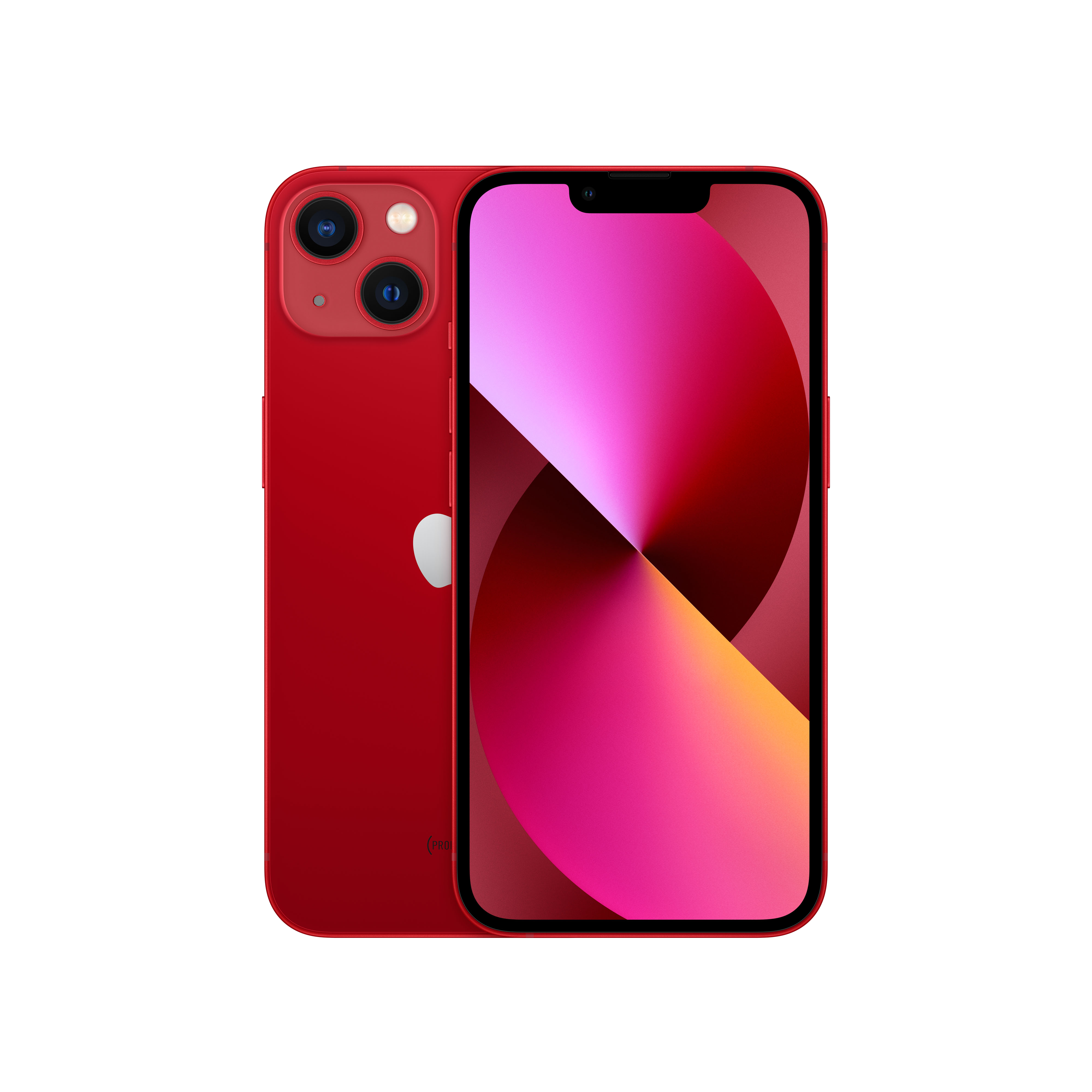 Un iPhone rojo con una pantalla negra que muestra un degradado rosa y naranja.