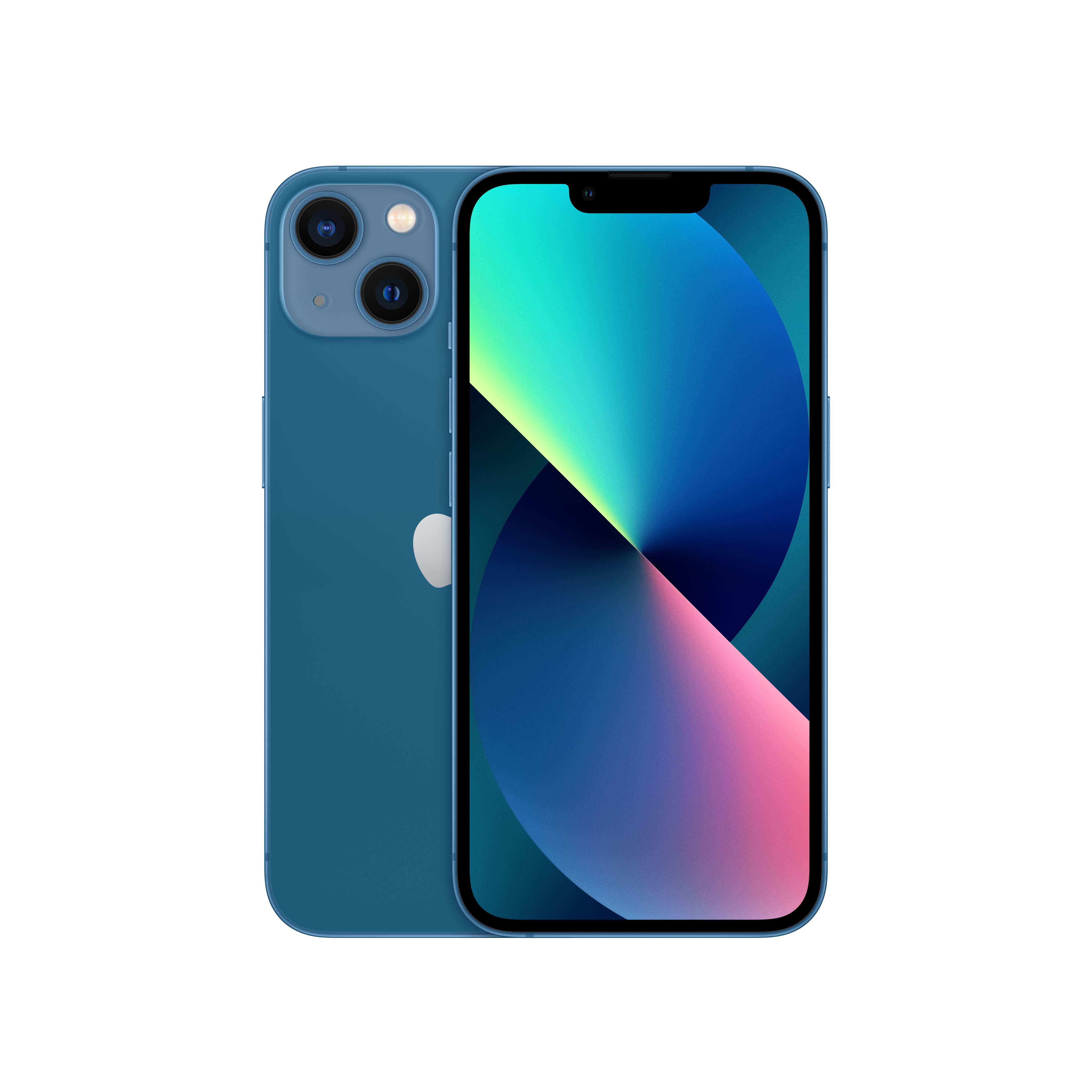iPhone 13 azul, vista frontal y trasera. La parte trasera tiene lentes de cámara y el logo de Apple. Pantalla encendida.