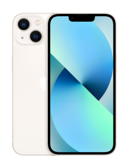 Beyaz iPhone 13, ön ve arka görünüm. Ekran mavi ve yeşil bir desen gösterir.