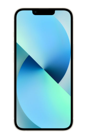 Bir iPhone 13'ün yakın çekimi, mavi ve yeşil geçişli ekranı gösteriyor.