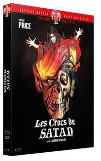 Filmposter: Een man in vlammen boven een schedel. Tekst: Les Crocs de Satan.