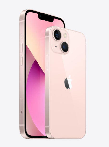İki pembe iPhone 13 telefonu, biri ekranı diğeri ise arkasını gösteriyor.
