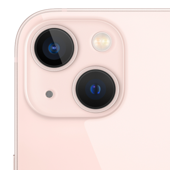 Pembe bir telefonun kamera modülünün iki lens ve flaşla yakın çekimi. Beyaz zemin.