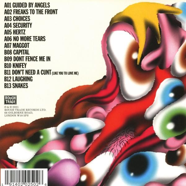Albumcover-Kunst mit surrealen, farbenfrohen und ausdrucksstarken Gesichtern.