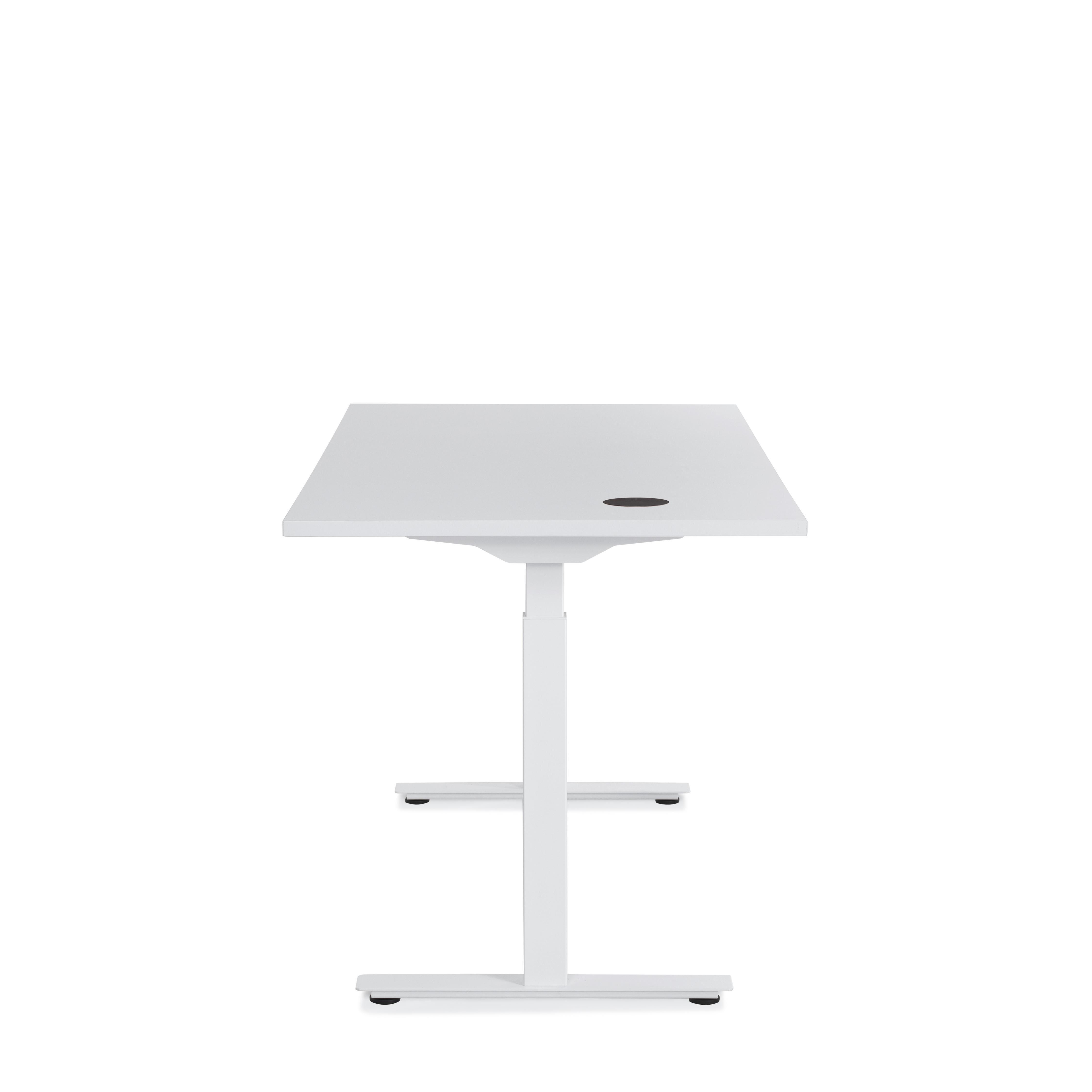Weißer höhenverstellbarer Schreibtisch, klares Design.