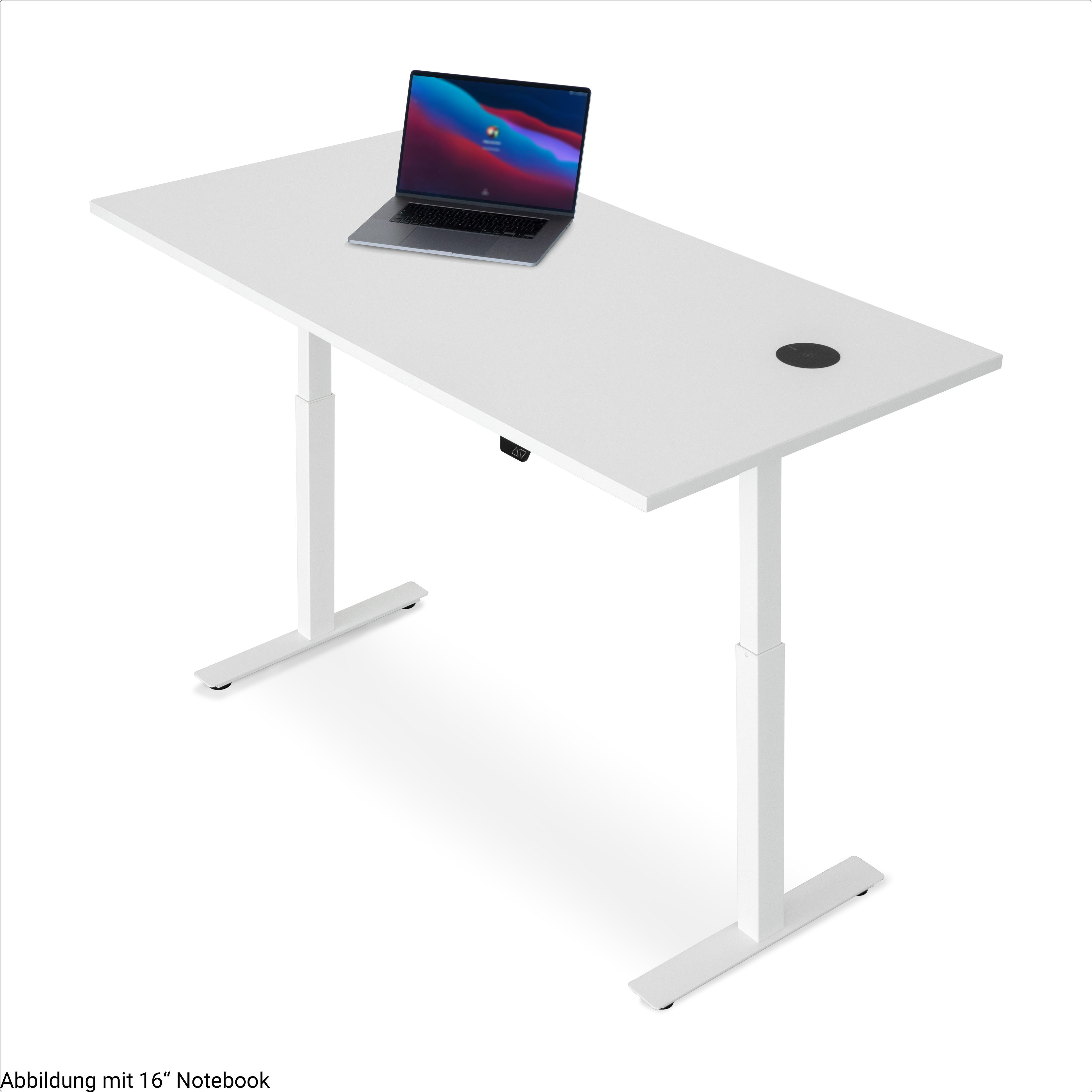 Weißer Stehtisch mit Laptop. Der Schreibtisch hat ein Bedienfeld und Beine.