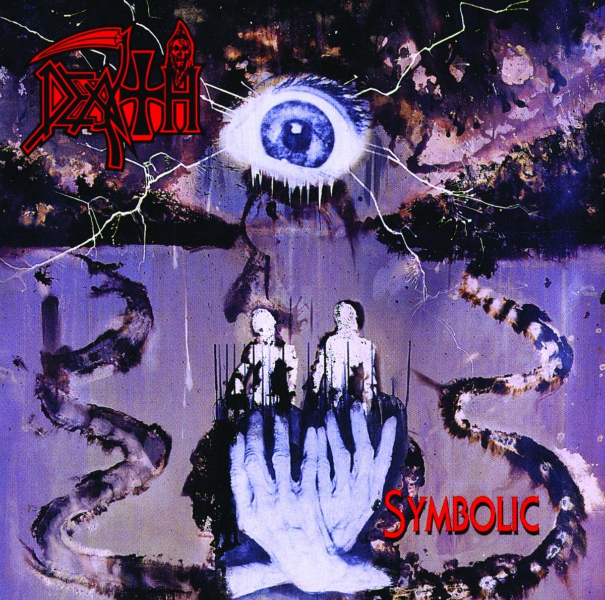 Death album borító. Szem a figurák, kezek és férgek felett. Lila és fekete háttér.