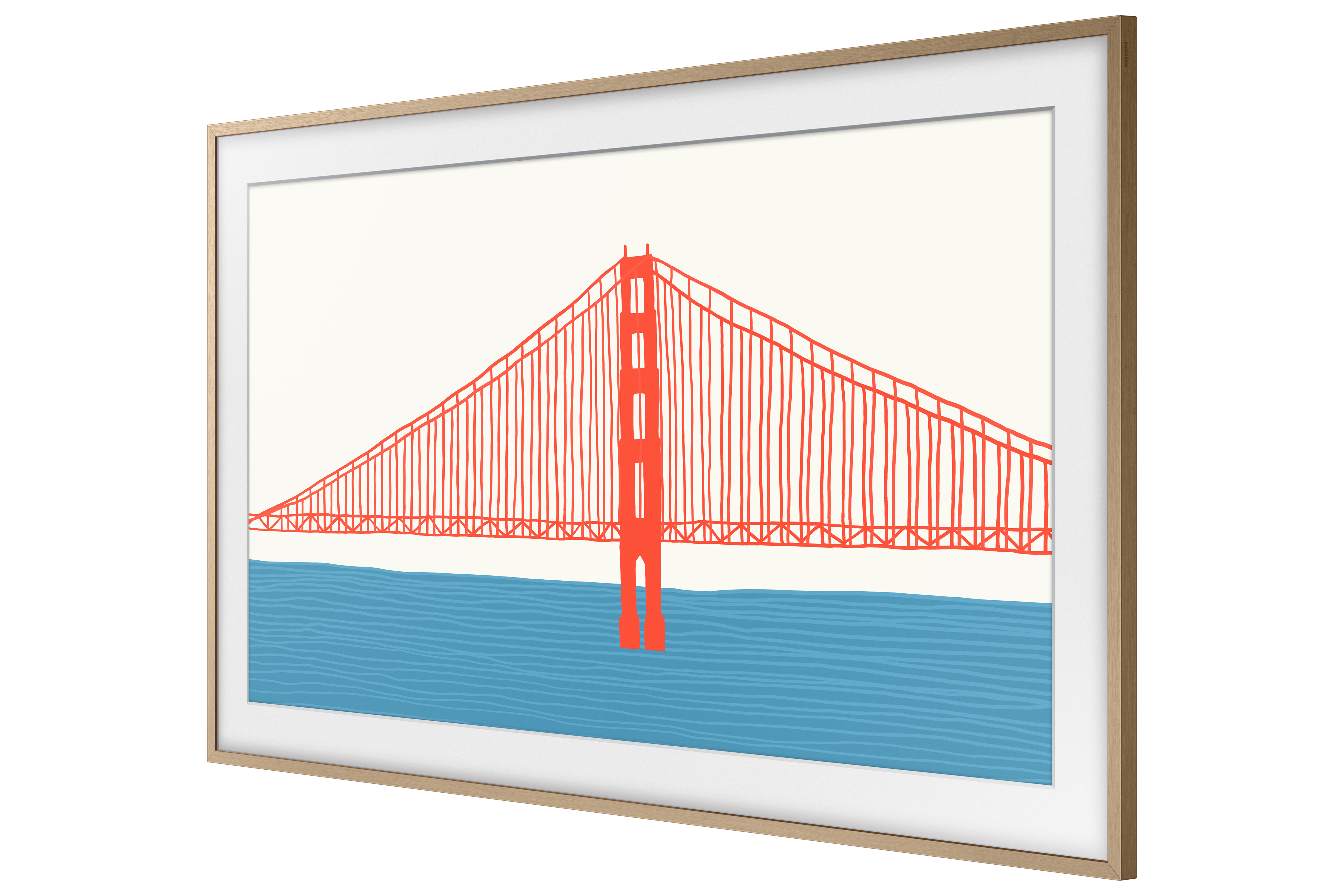 Una obra de arte enmarcada del Golden Gate Bridge, con estructura roja y agua azul.