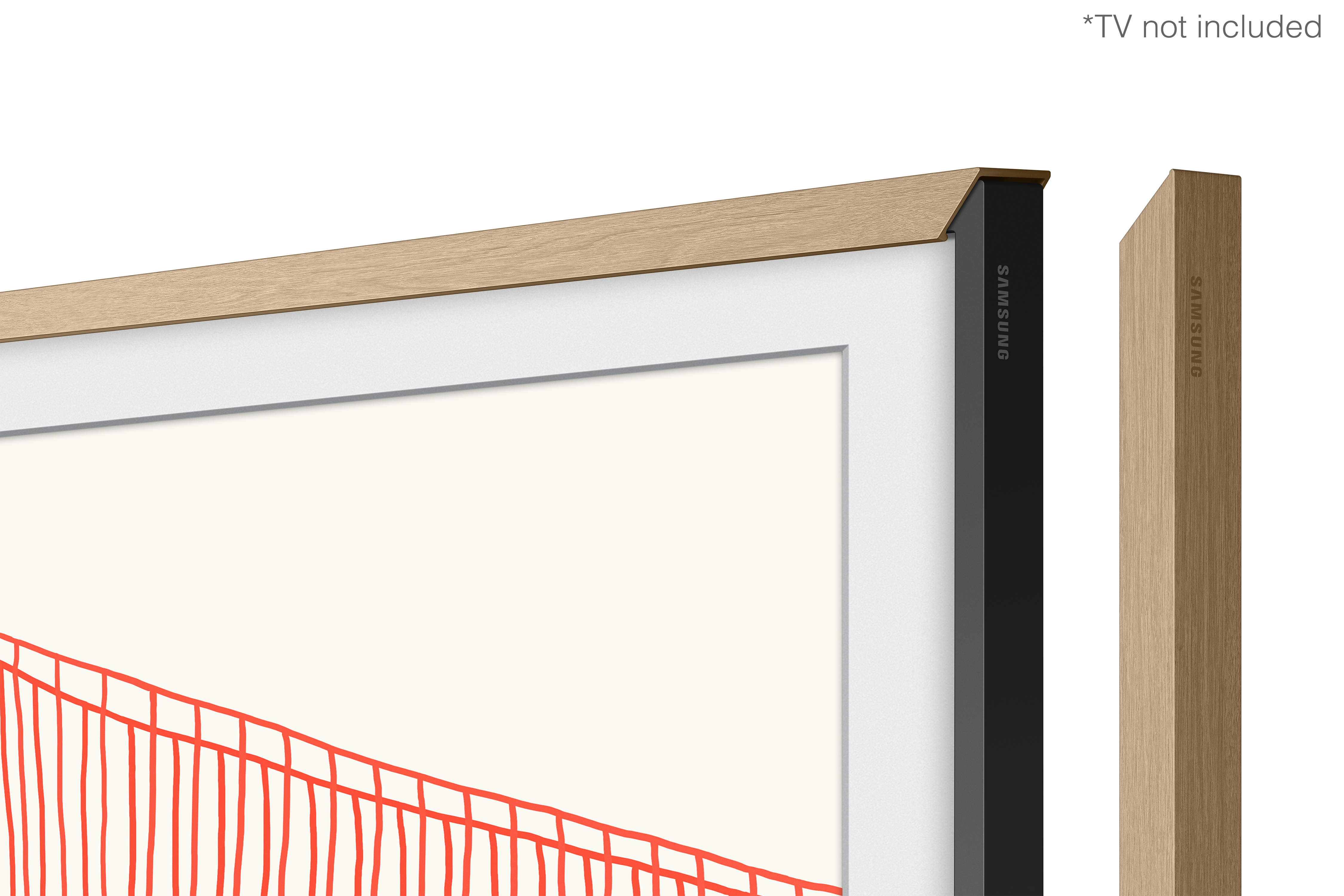 Marco de TV con tapa de madera. Pantalla blanca con dibujo de líneas rojas.