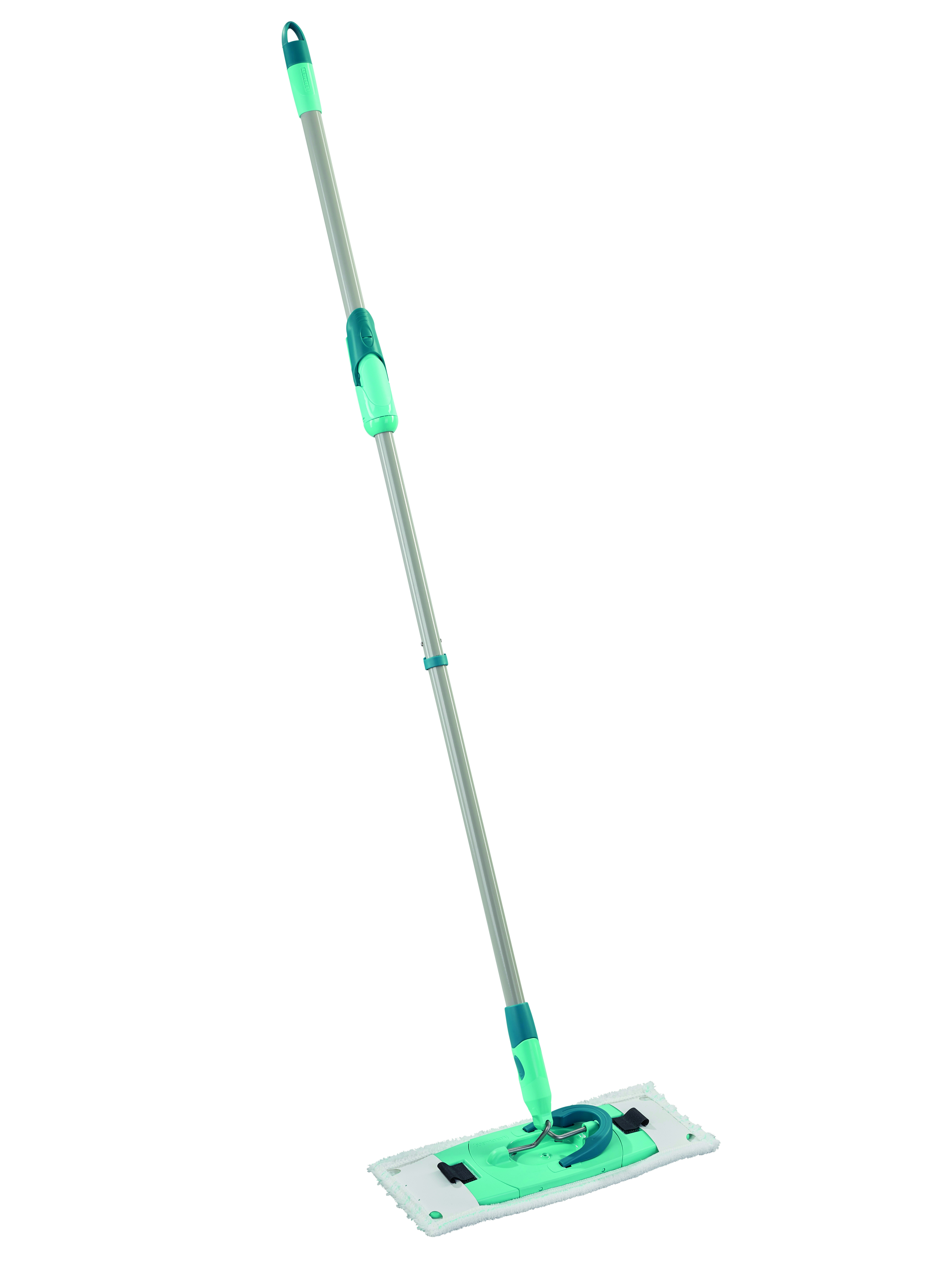 Ein Putzmopp mit türkisfarbenem Kopf. Er hat einen silbernen Stab und einen türkisfarbenen Griff. Der Mopp ist weiß.