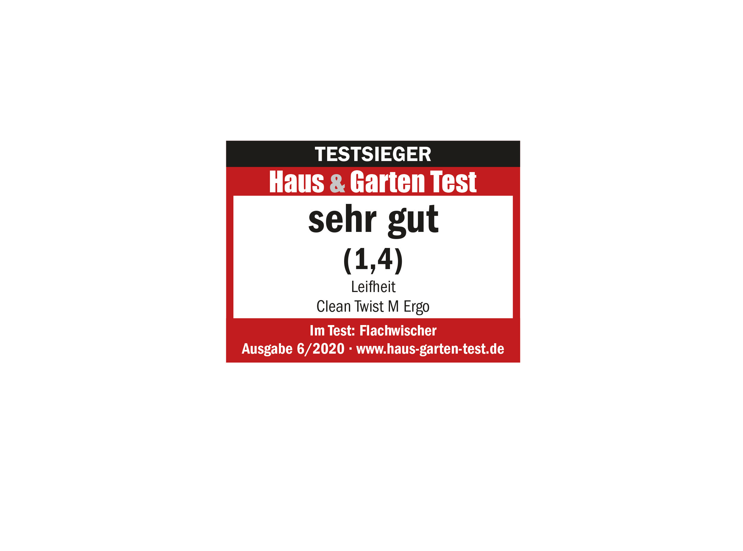 Ein rot-schwarzes Etikett mit dem Text 'sehr gut', ein deutsches Testergebnis, auf weißem Hintergrund.