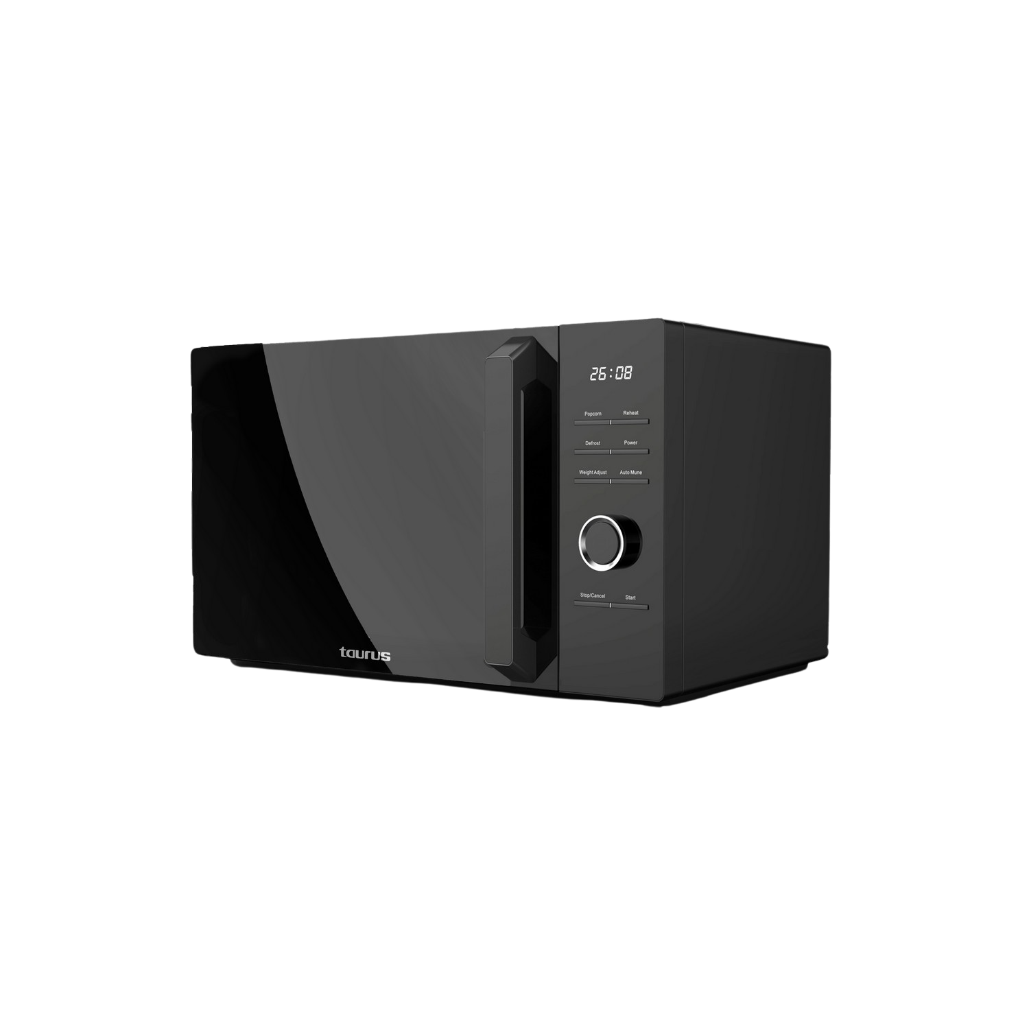 Horno microondas negro con pantalla digital, puerta cerrada, sobre superficie negra.