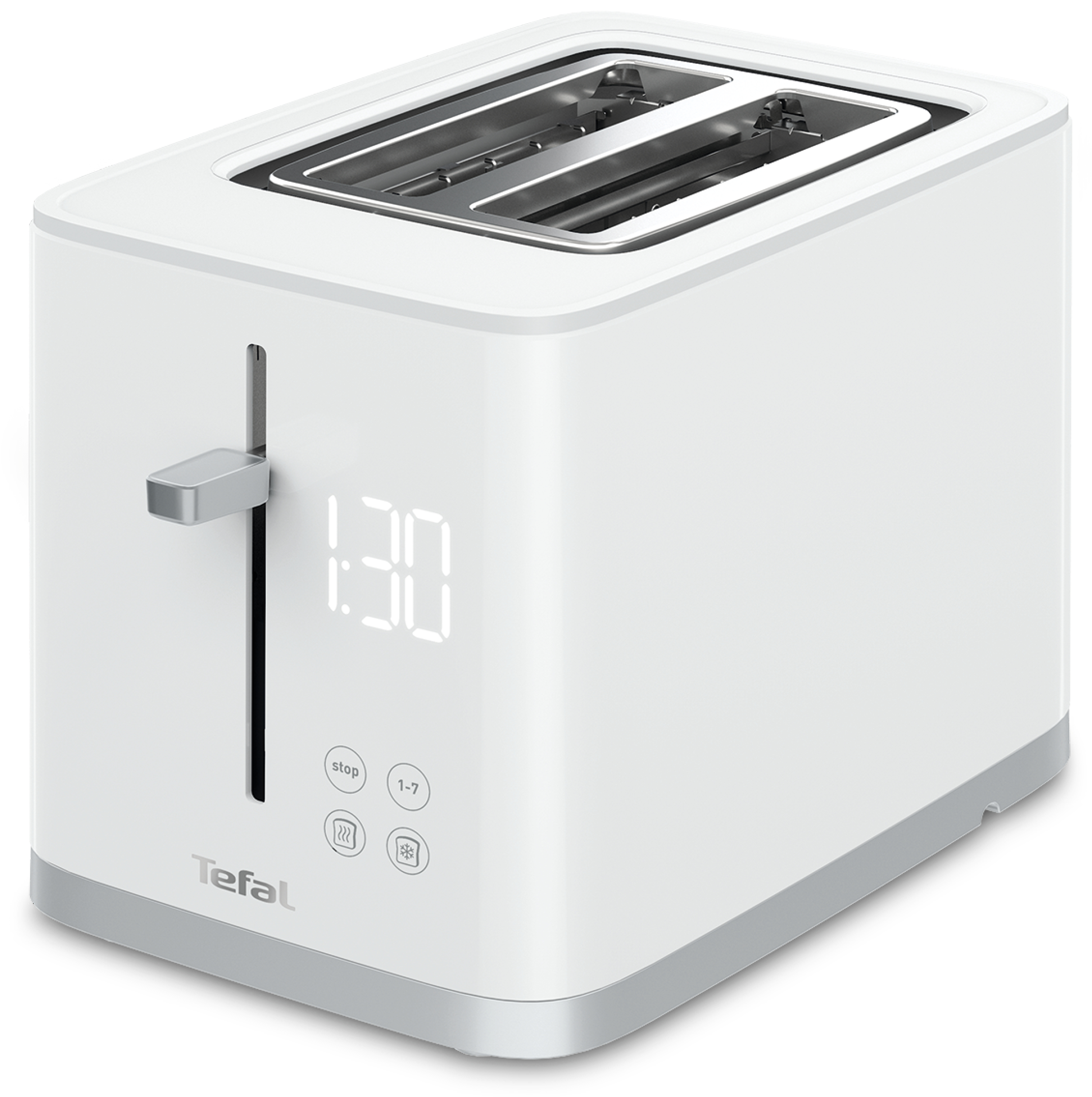 Weißer Tefal-Toaster mit digitaler Anzeige mit 1:30. Die Einstellung liegt zwischen 1 und 7.