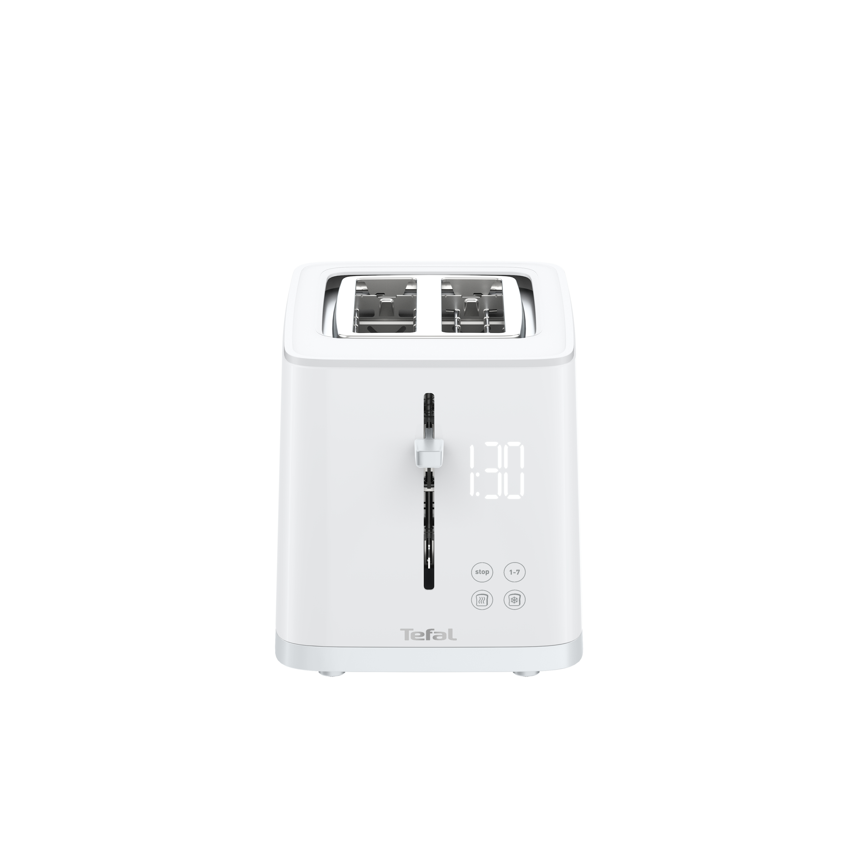 Ein weißer Tefal-Toaster mit Digitalanzeige und weißem Hintergrund.