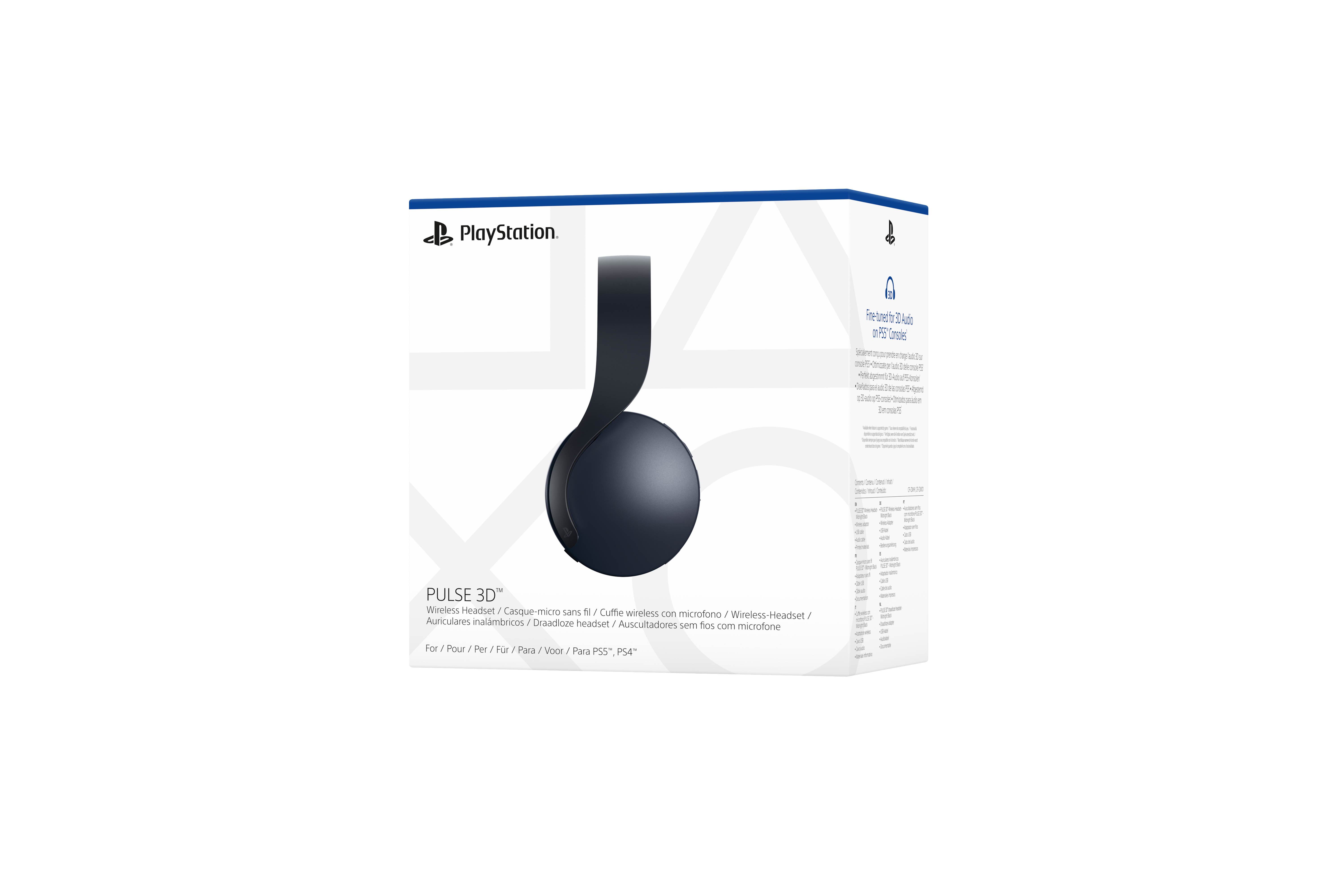 PlayStation PULSE 3D Wireless-Headset-Box, schräge Ansicht.