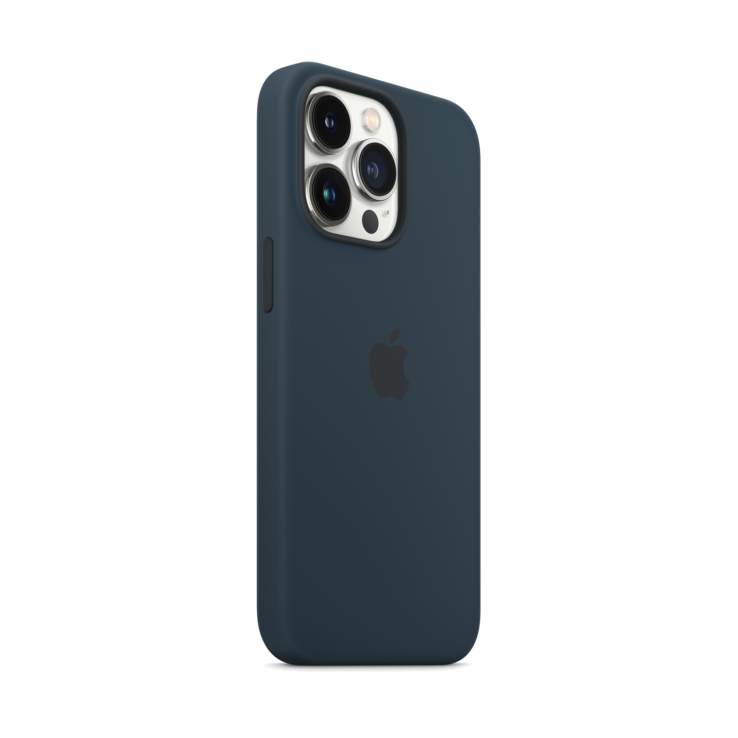 Funda azul para teléfono con logo de Apple. Configuración de la cámara visible. Azul oscuro. Negro.