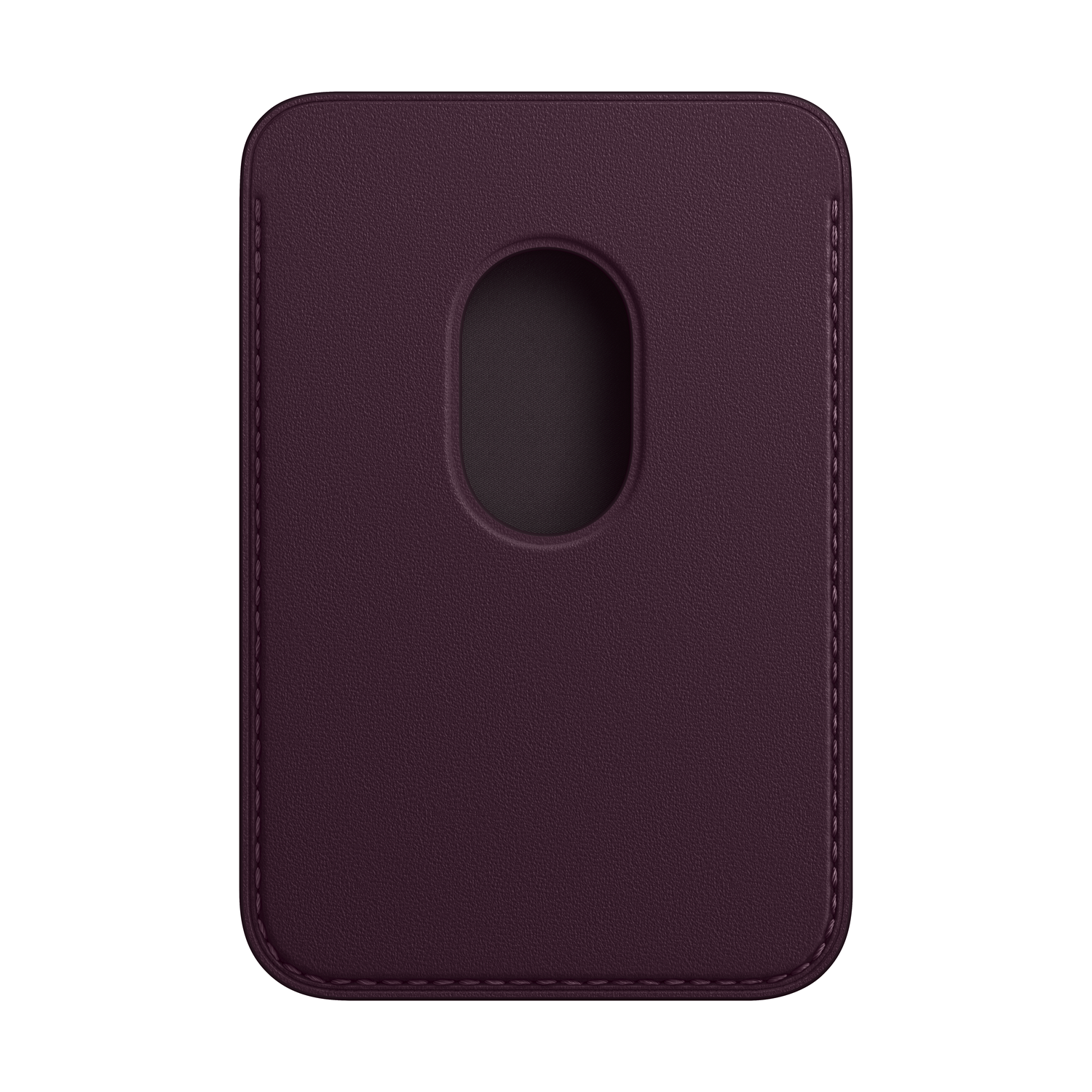 Un tarjetero morado oscuro con un agujero ovalado en el medio.