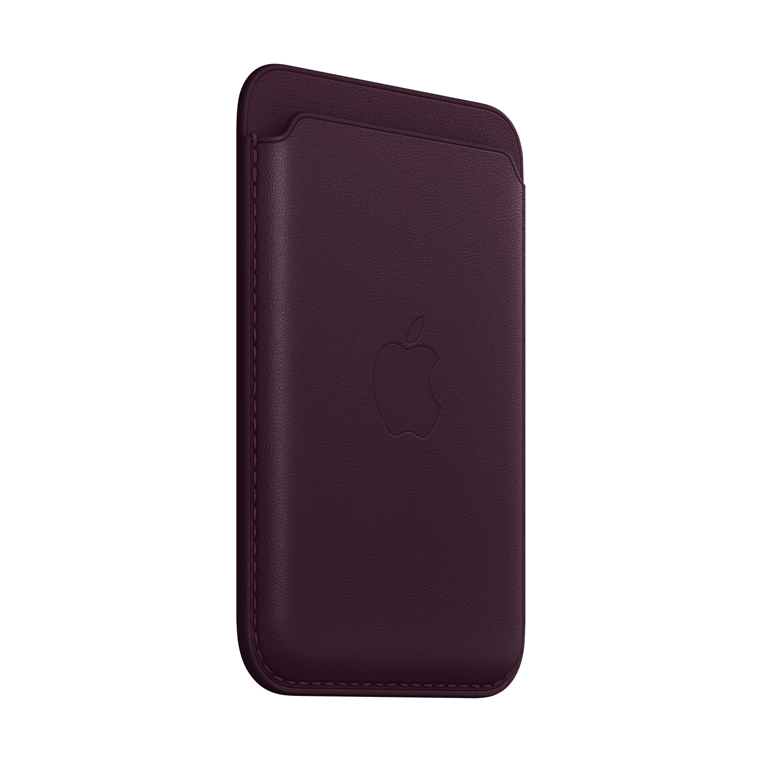 Cartera MagSafe de Apple de cuero morado. Logotipo de Apple visible. Fondo negro.