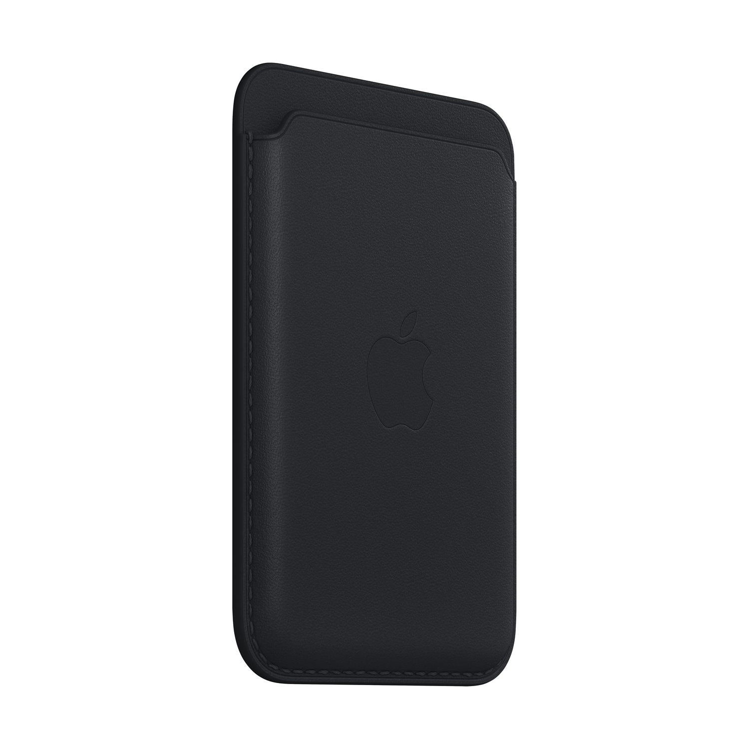 Una cartera MagSafe de cuero negro de Apple con el logotipo de Apple, sobre un fondo negro.