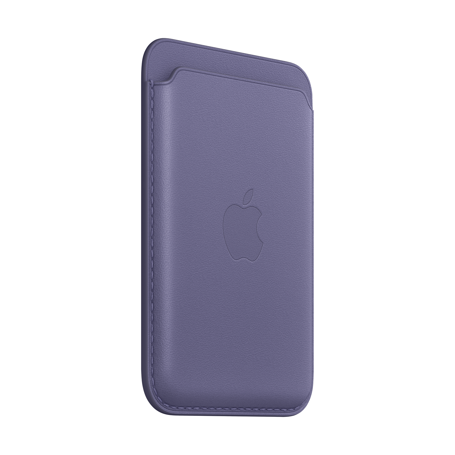 Cartera de cuero morado con logotipo de Apple sobre fondo negro.