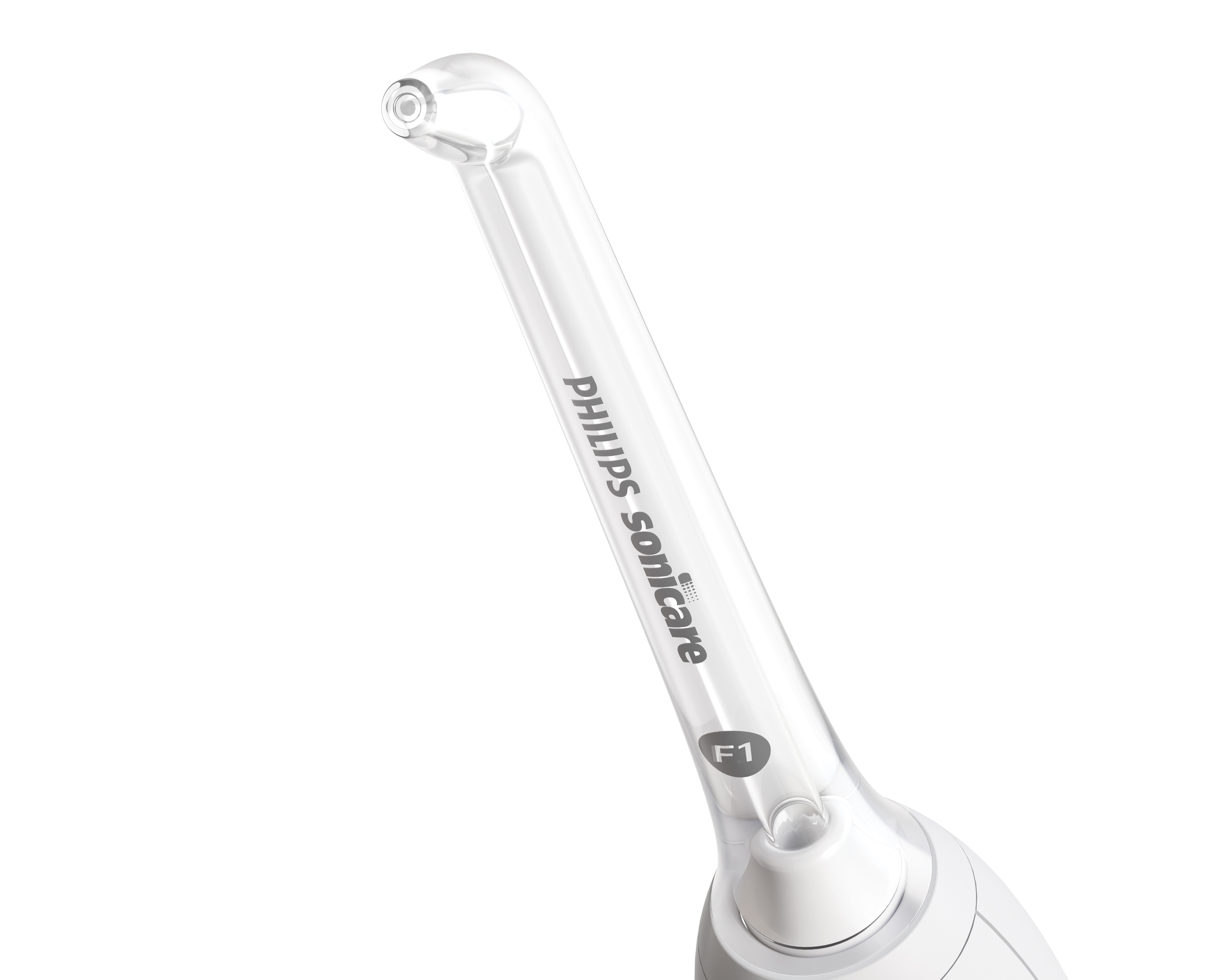 Philips Sonicare Zahnbürstenkopf, transparent mit weißen Details, schräge Ansicht.