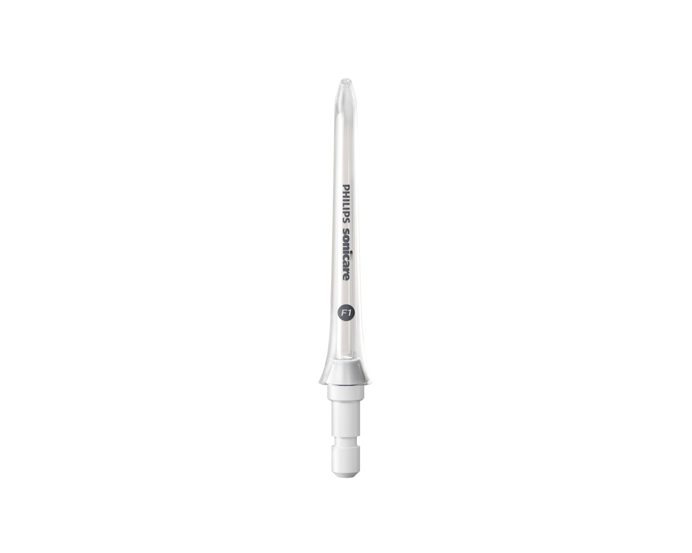 Eine Philips Sonicare Munddusche-Spitze auf weißem Hintergrund.