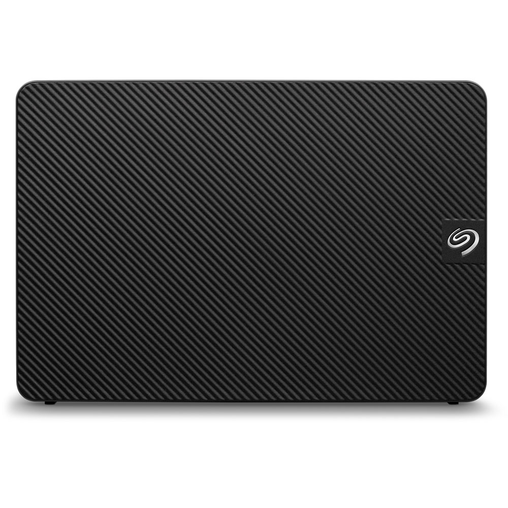 Black, textured Seagate external hard drive. It features a subtle, patterned surface and the Seagate logo.