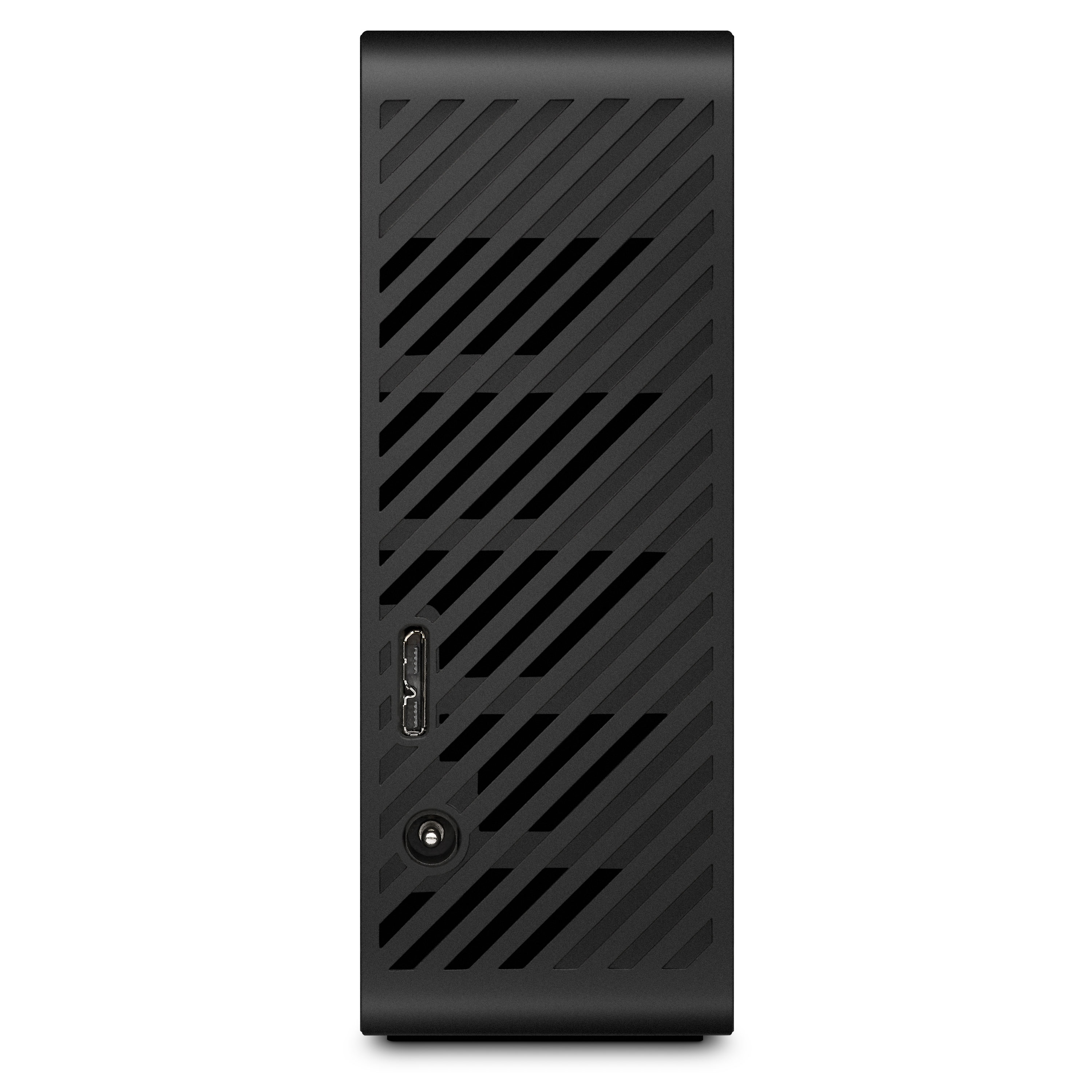 Black desktop computer with a patterned front. It has USB ports and a power port at the back.