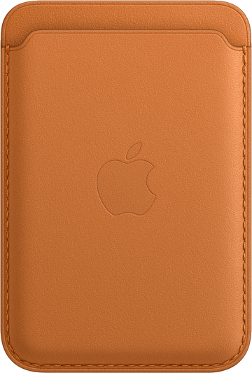 Portefeuille en cuir marron, logo Apple sur le devant. Design simple, texture cuir.