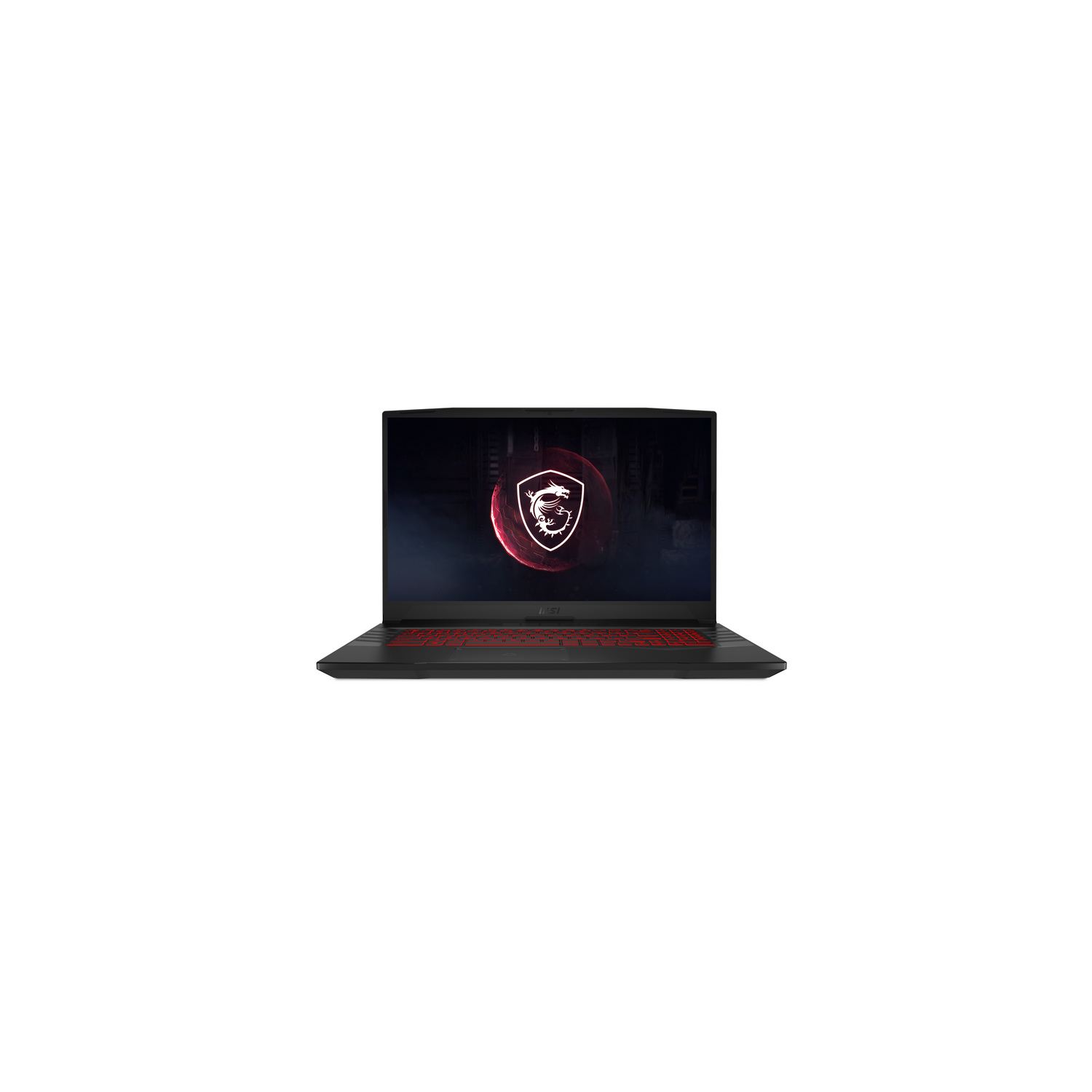 Ordenador portátil negro sobre fondo blanco, luces rojas del teclado y el logotipo de MSI.