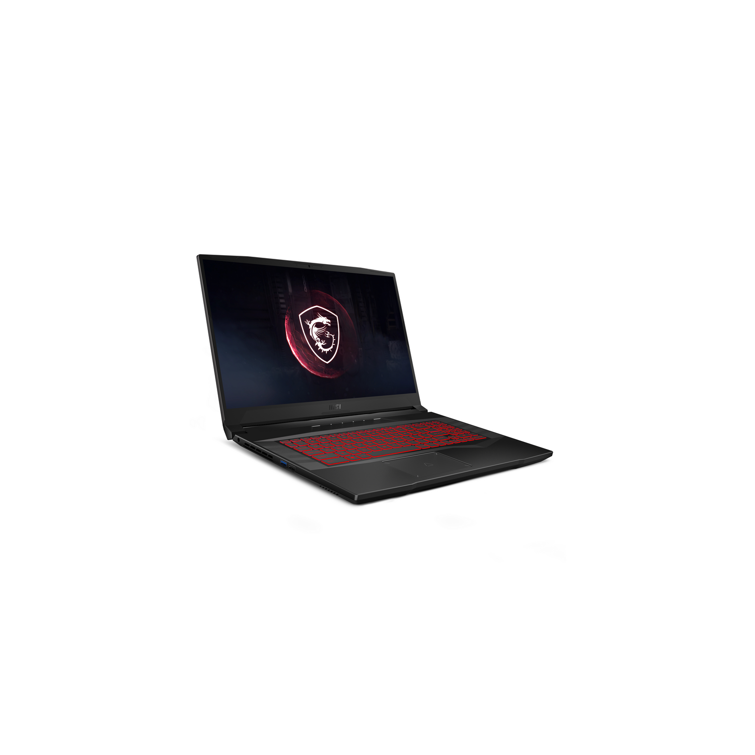 Ordenador portátil negro con teclado retroiluminado rojo, sobre superficie blanca.