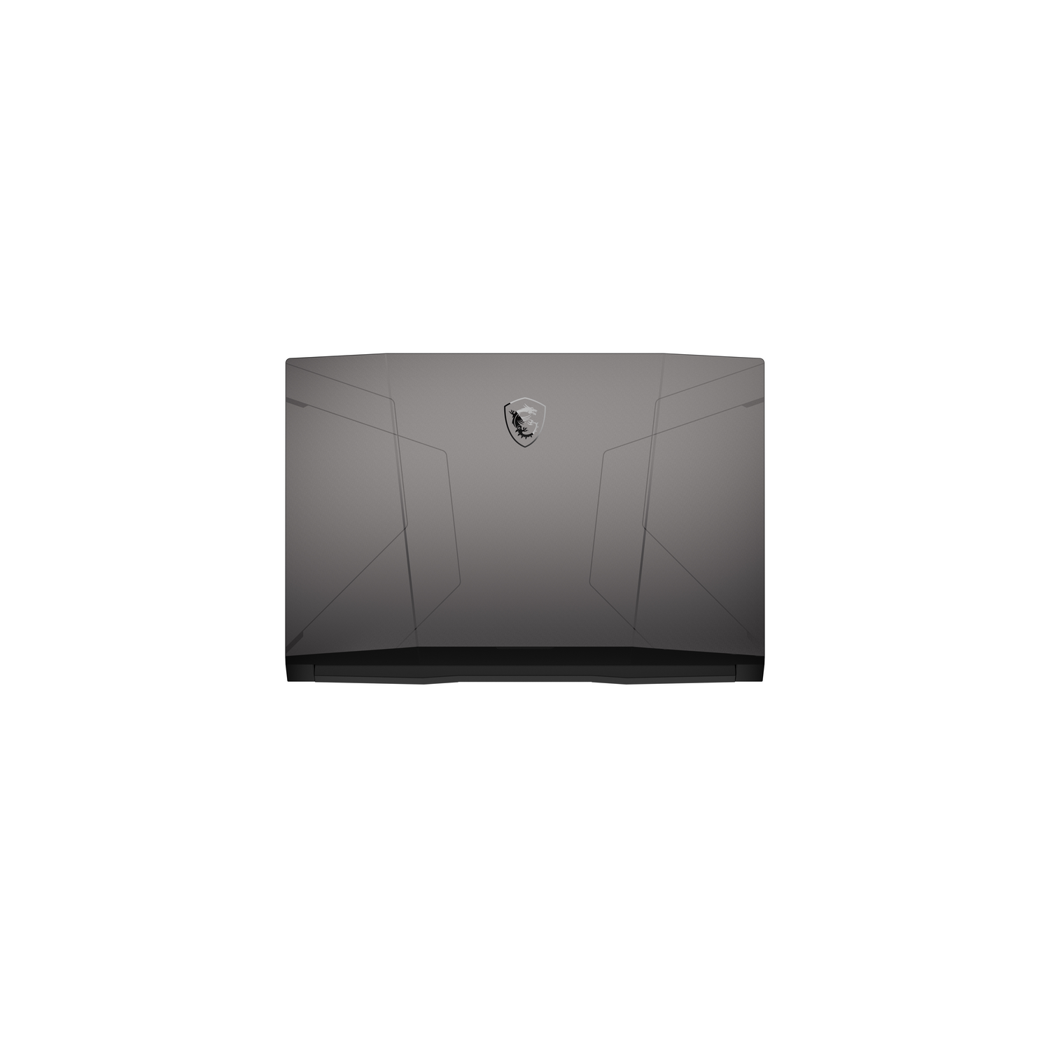 Vista superior de un portátil gris con un emblema en el centro y líneas de diseño anguladas.