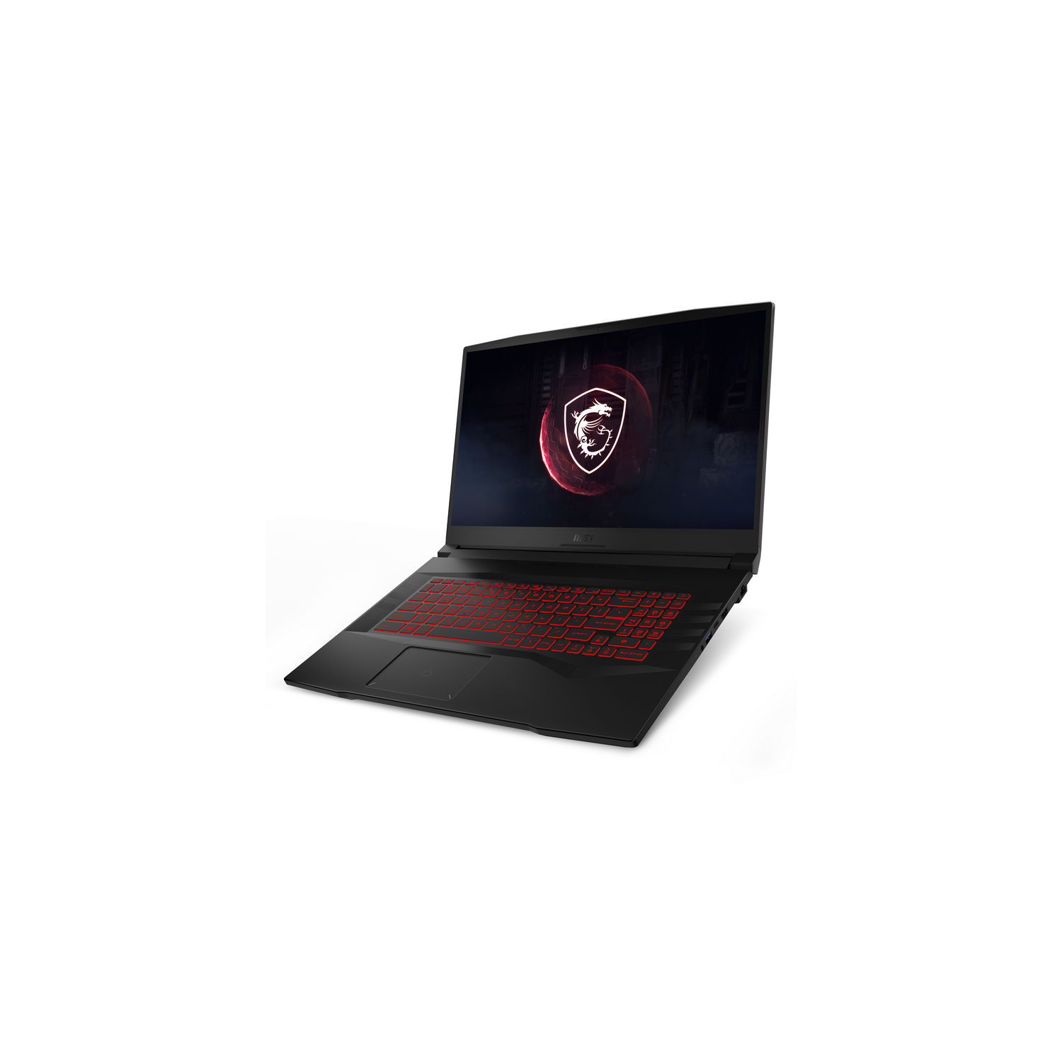 Portátil MSI negro con teclado rojo y logotipo de MSI en la pantalla. Fondo blanco.