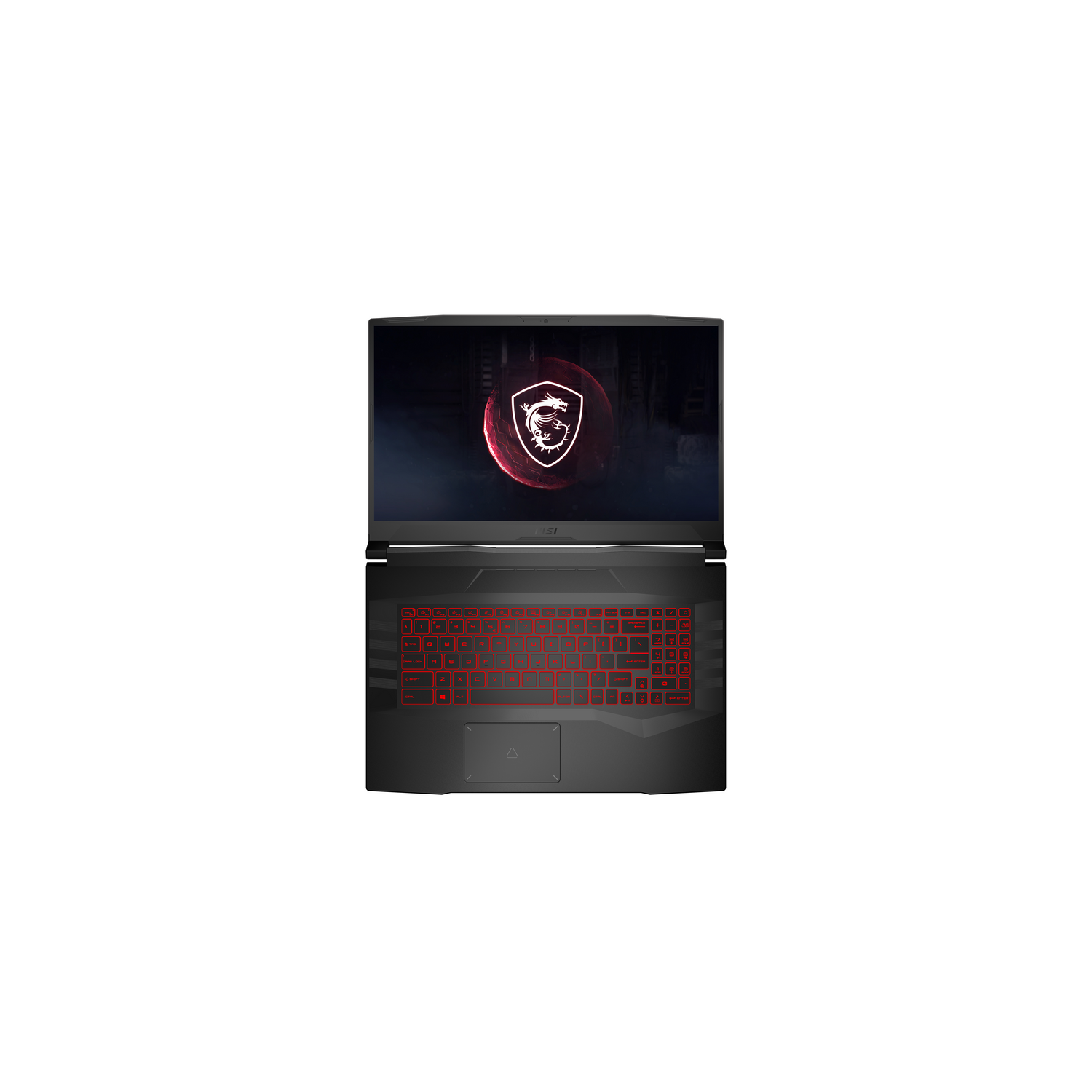 Vista cenital de un portátil con la pantalla encendida, mostrando un logo rojo y negro y teclado.
