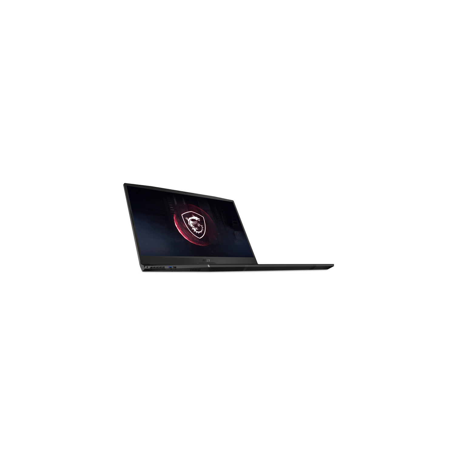 Laptop MSI negro con logo rojo en la pantalla, sobre fondo blanco.
