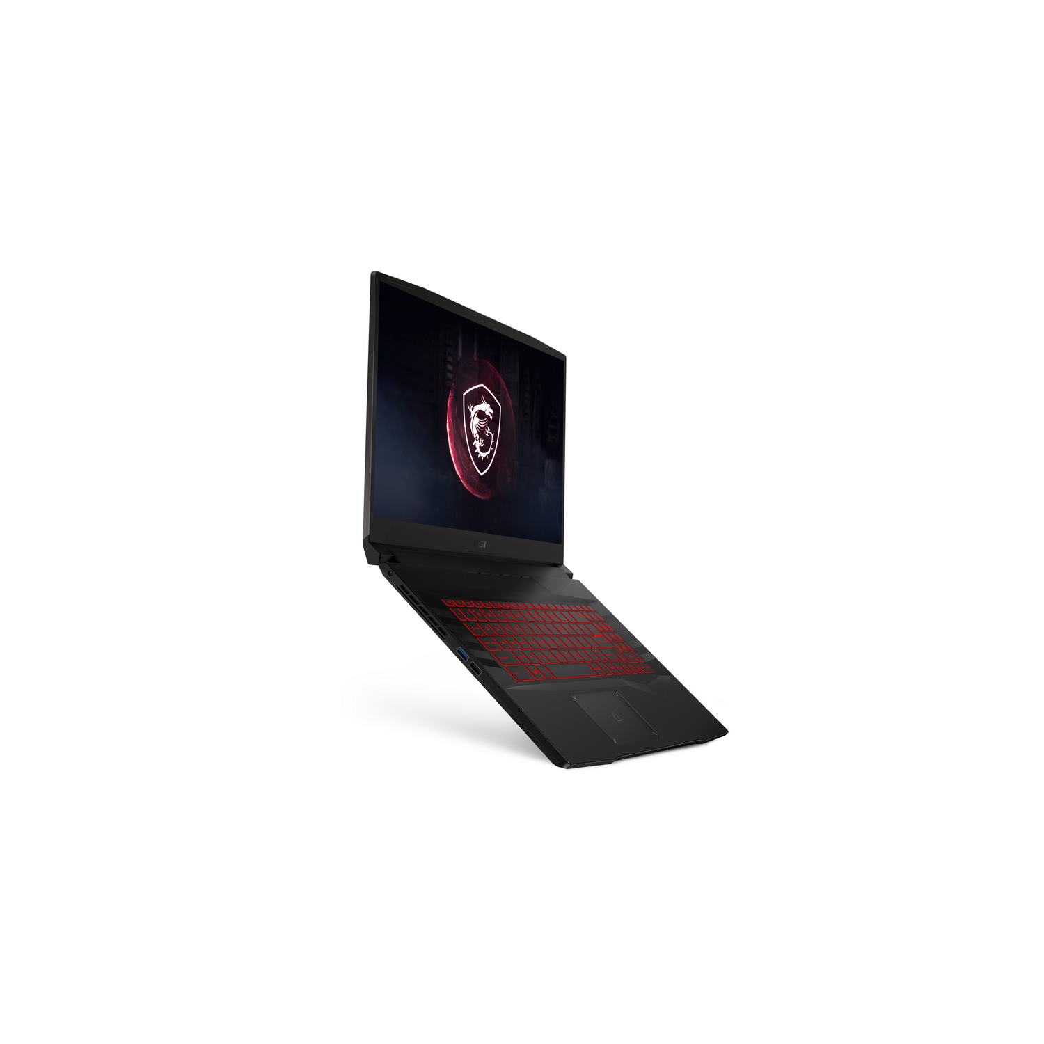 Un portátil MSI negro, en ángulo, con teclado retroiluminado rojo y un logotipo en la tapa.