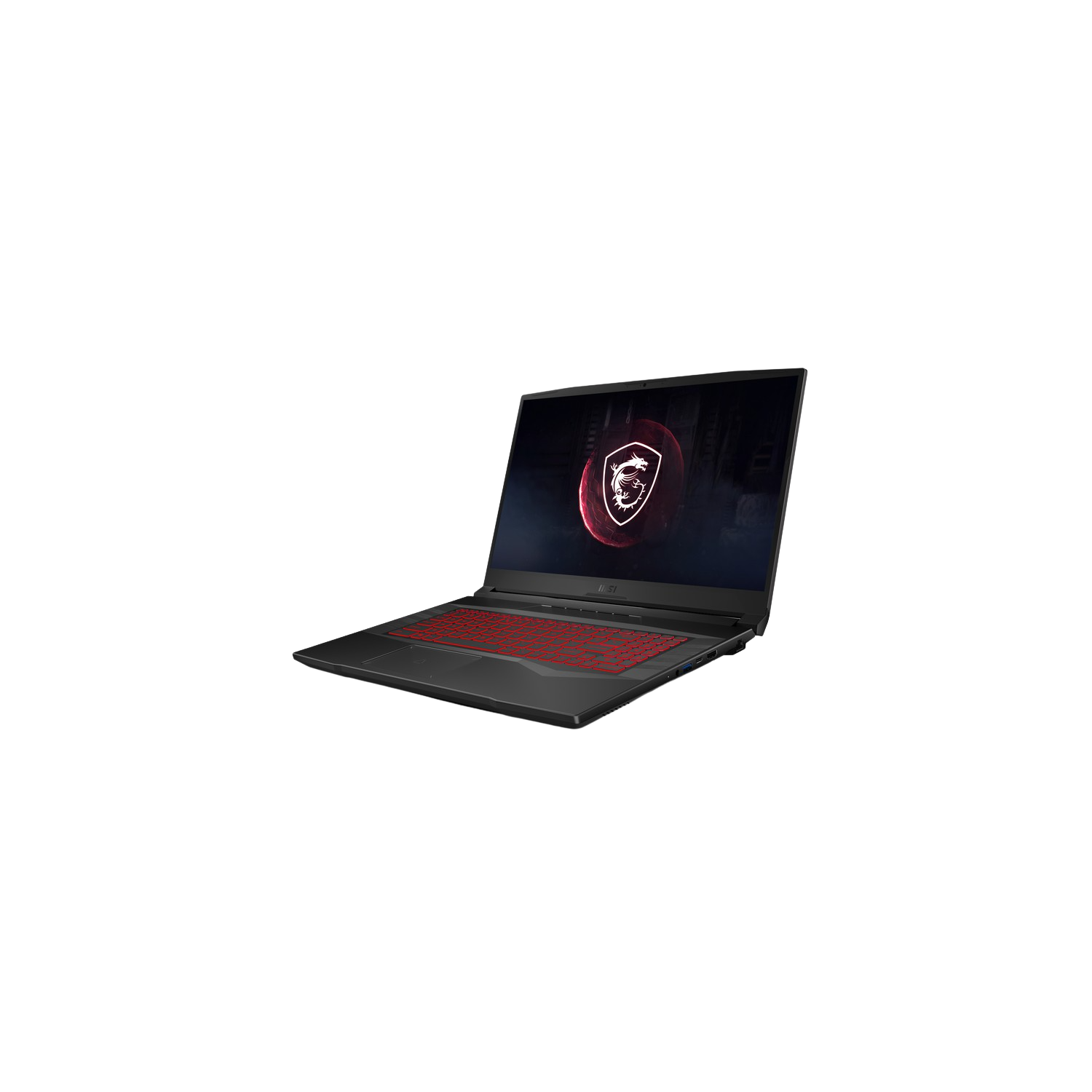 Laptop MSI sobre fondo negro, teclado rojo, logo en pantalla. Vista lateral.