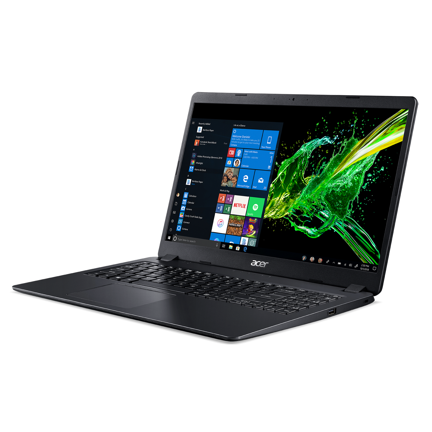 Una laptop Acer negra sobre una superficie blanca con pantalla iluminada, mostrando una interfaz de Windows.