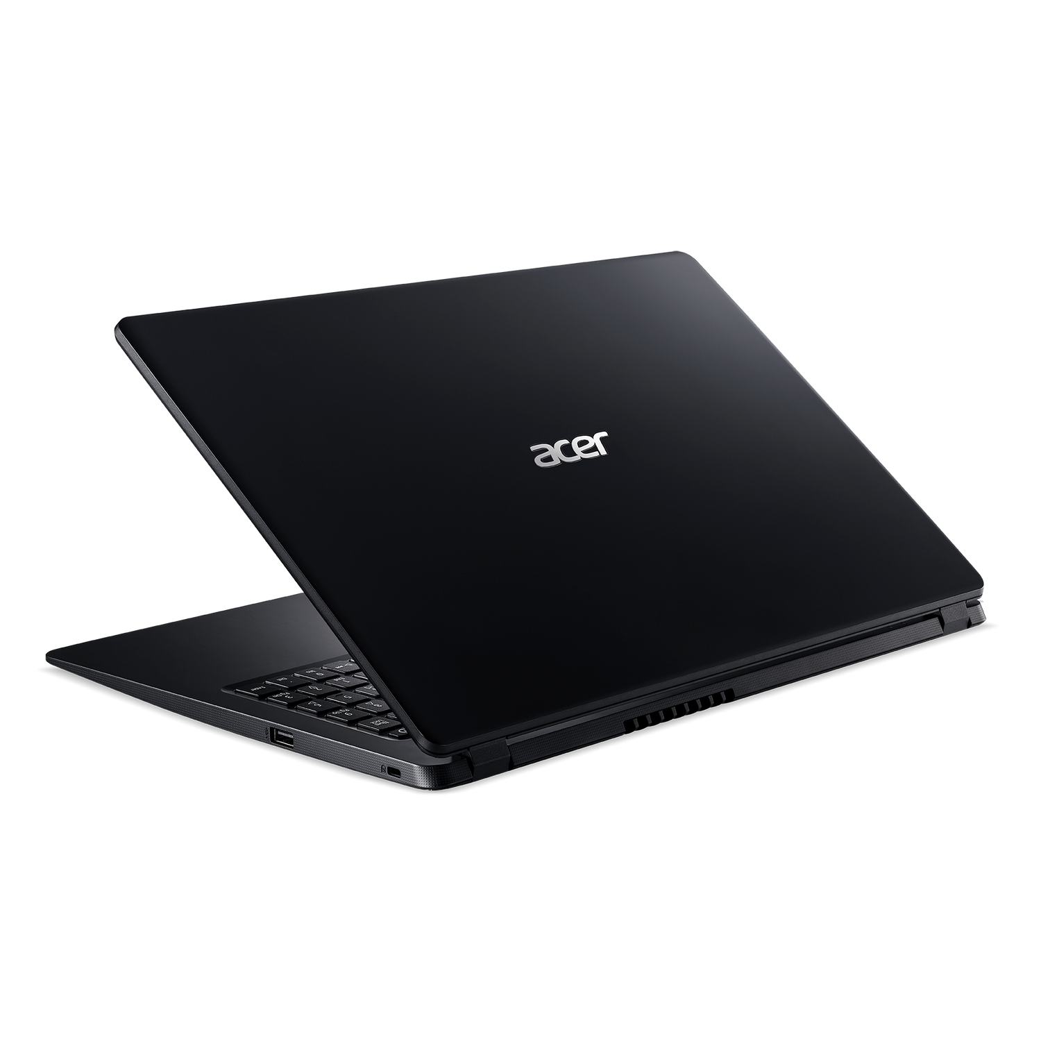 Un portátil negro con el logotipo de Acer en la parte trasera, abierto sobre un fondo negro.