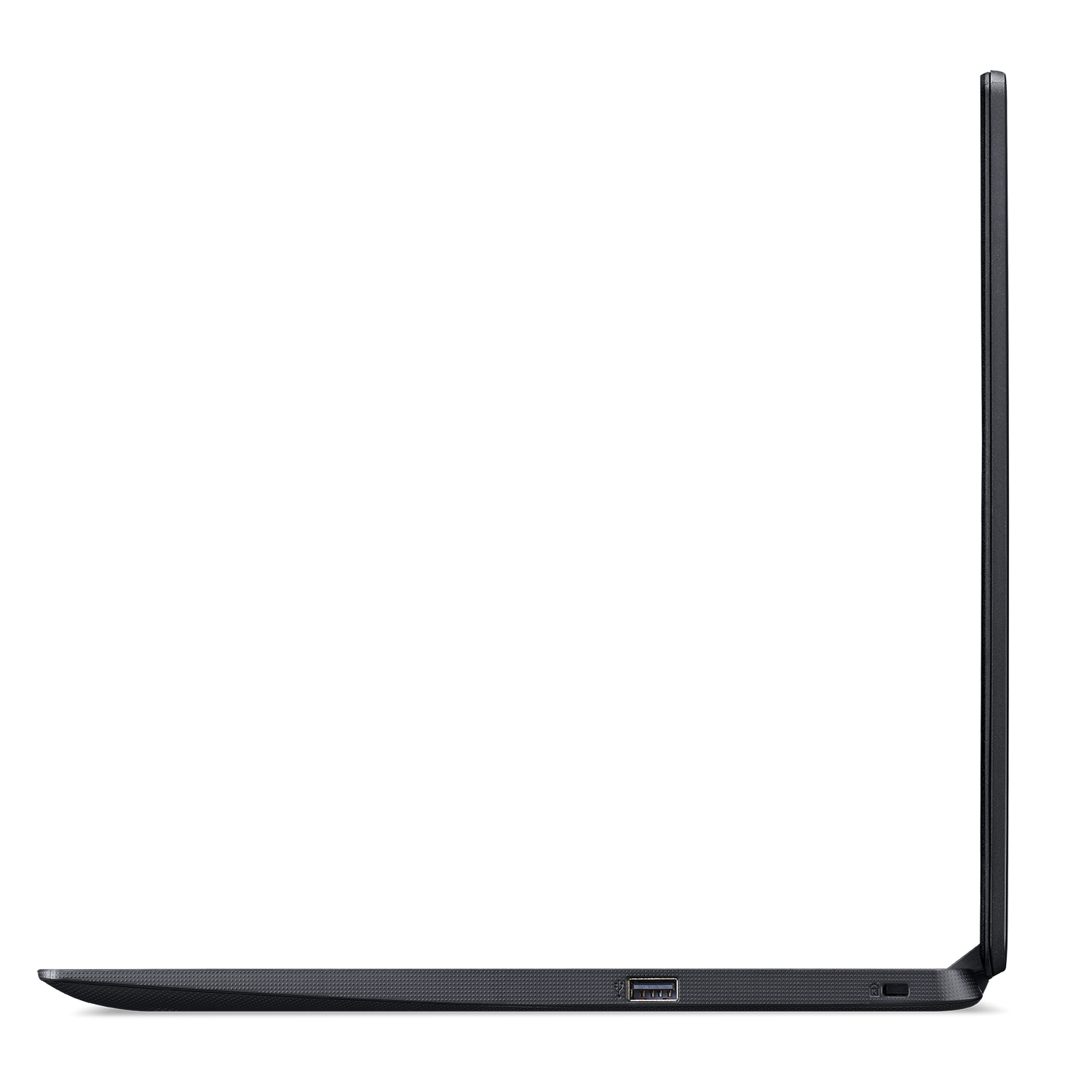 Vista lateral de un portátil negro. Muestra el perfil lateral con puerto USB y botón de encendido.