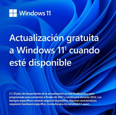 Gráfico promocional de Windows 11, con fondo azul abstracto y texto en español.
