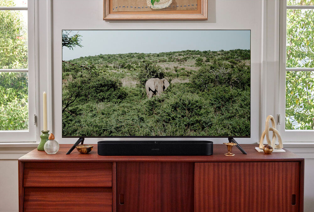 A TV displaying an elephant in a grassy area. A soundbar sits below on a wooden cabinet.