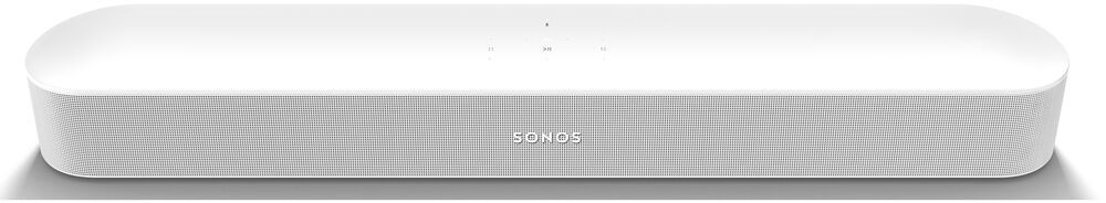 Une barre de son blanche avec une façade en mesh et le logo 'SONOS' sur une surface blanche.