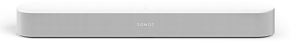 Barre de son blanche avec maillage argenté et le logo Sonos, sur fond blanc.